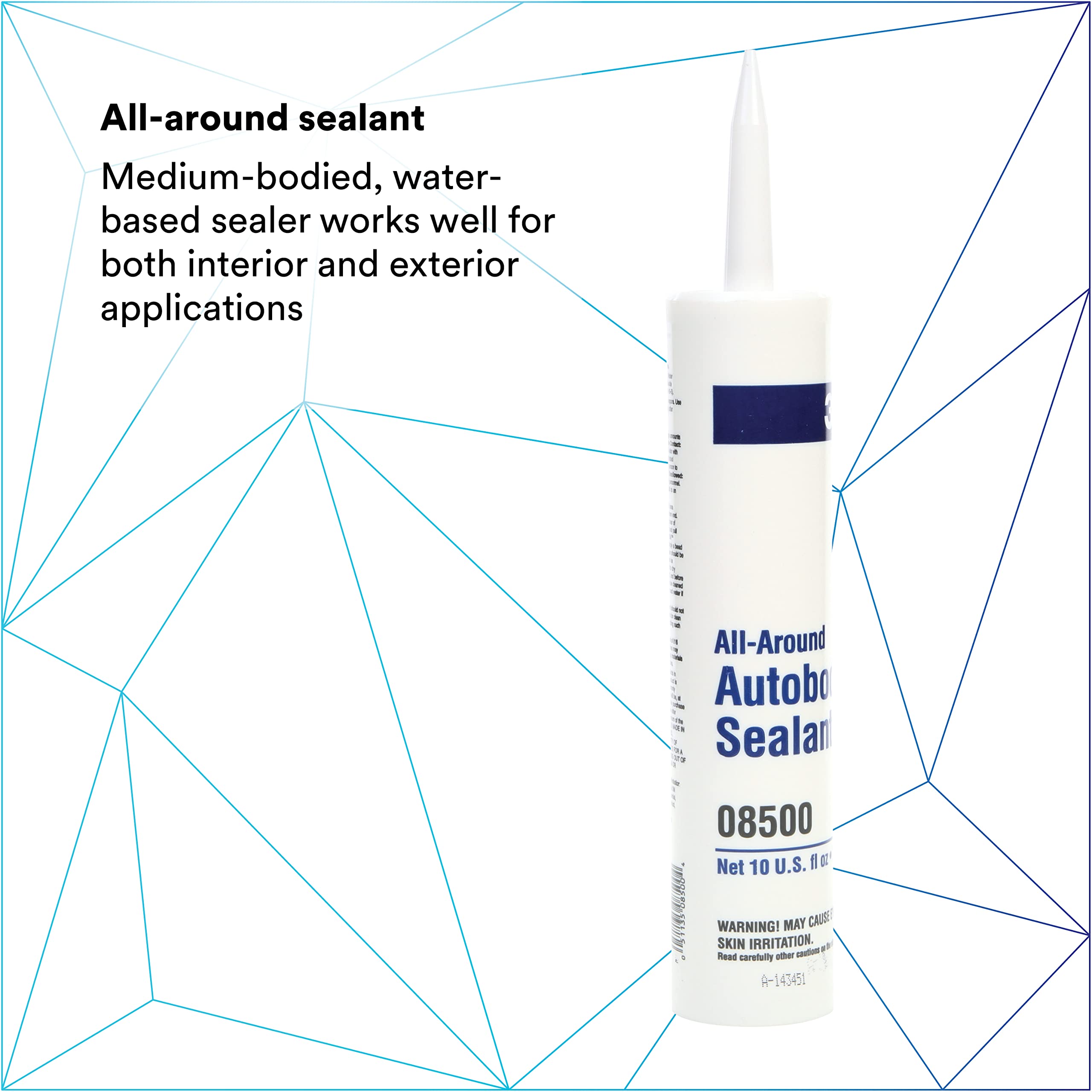 3M Autobody All-Around Sealant, 08500, Medium-Bodied, Water-Based, Quick-Drying, 1/10 gal/10 fl oz Cartridge , White