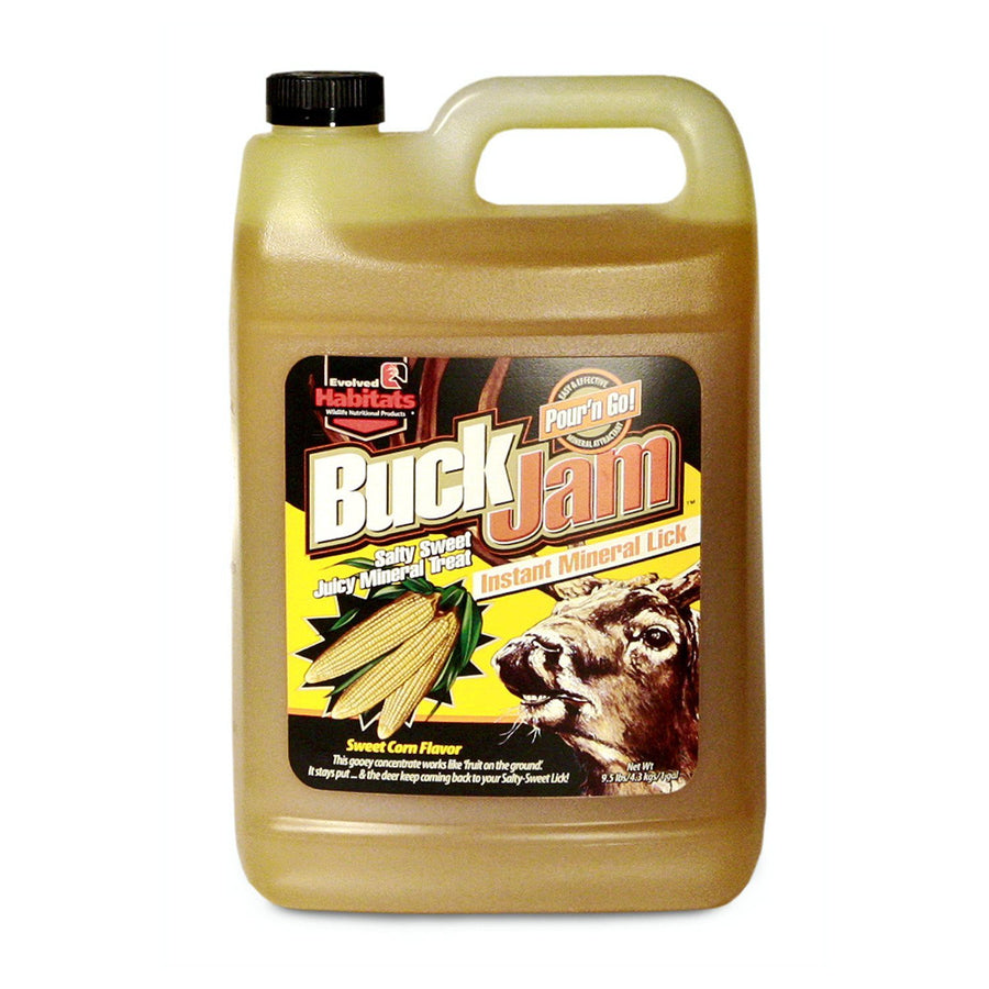 Buck Jam EVOLVED HABITATS Sweet Corn Flavored Salty Sweet Liquid Deer Attractant - Instant Mineral Lick - Powerful Ready-To-Use Year-Round Beneficial Food Supplement for Deer - 1 Gallon