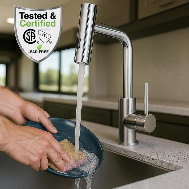 Dura Faucet Rainfall (DF-MK511X-CP) RV Kitchen Faucet – Chrome, Dual-Mode Rotating Spray Head (Wide Waterfall & Stream), Single Lever Handle, Lead-Free, Easy Install Compact Sink Faucet