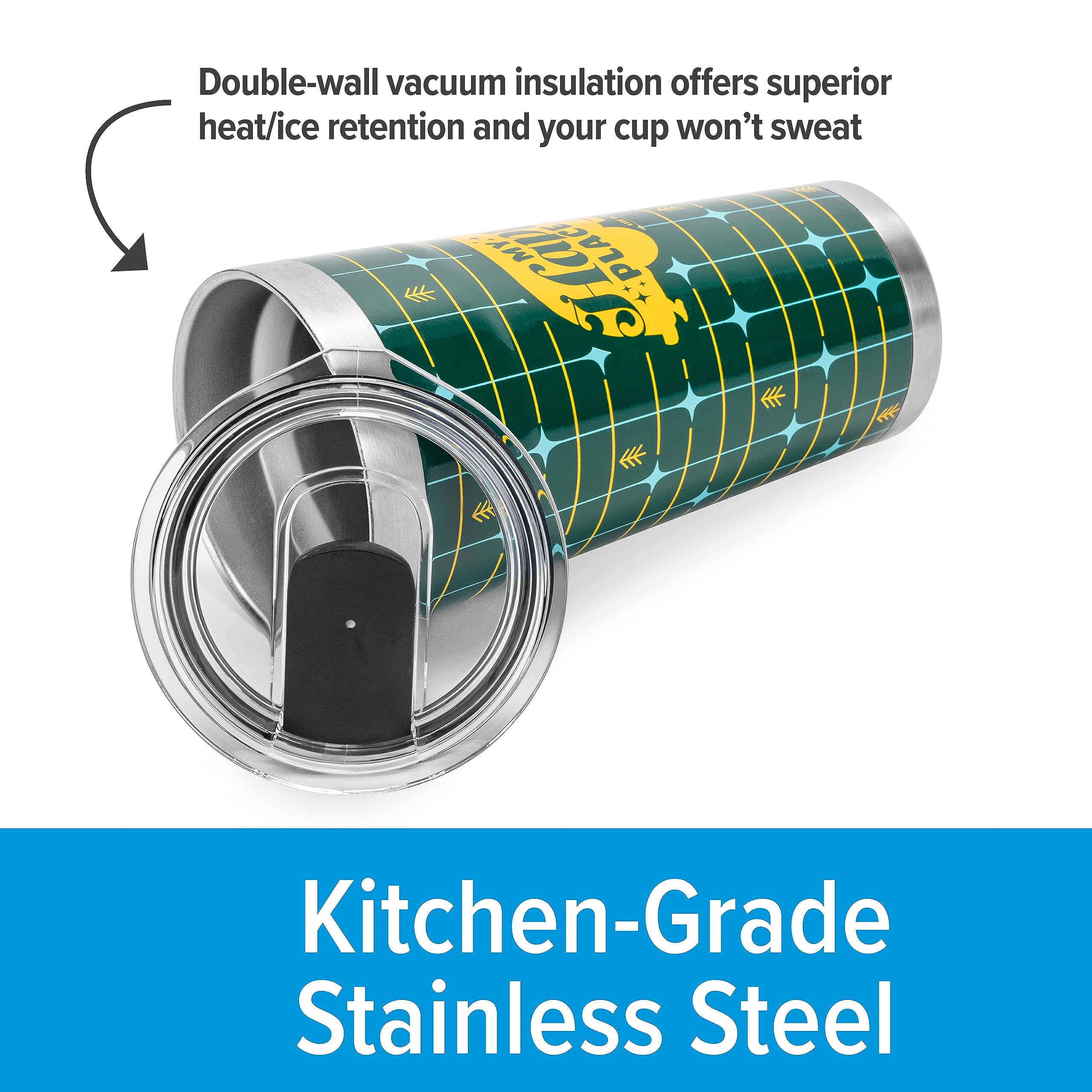 Wrapped Stainless Steel Tumbler Camco Life is Better at The Campsite - Features Double Wall Vacuum Insulation for Heat/Ice Retention & Unique My Happy Place Retro Plaid Design - Holds 20 oz. (53325)