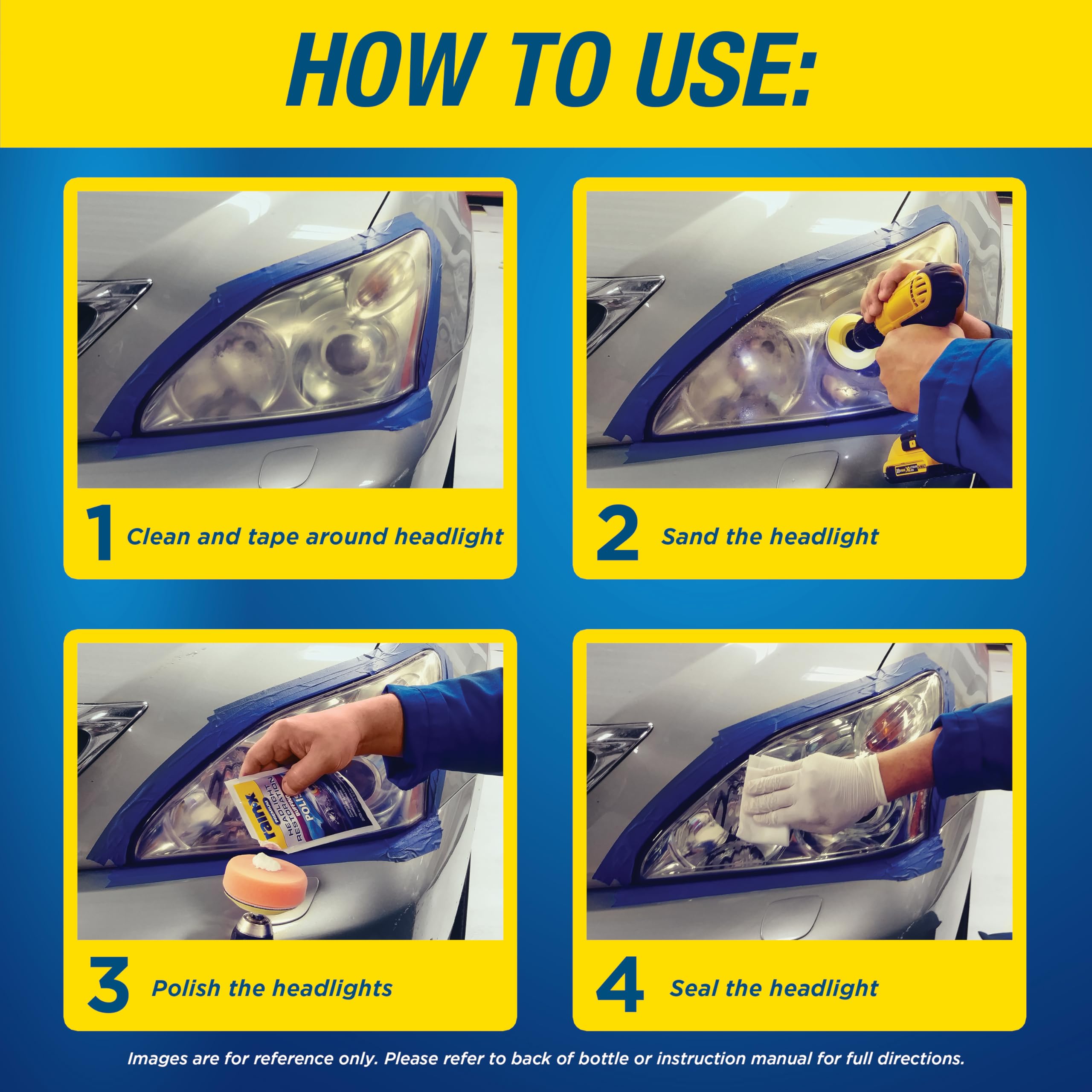 Headlight Restoration Kit Rain-X 610153 - Car Light Lens Cleaner/Restorer with Sanding & Polishing Drill Attachments & Sealant Wipe, Removes Scratches & Oxidation- All in 1 Long Lasting Formula