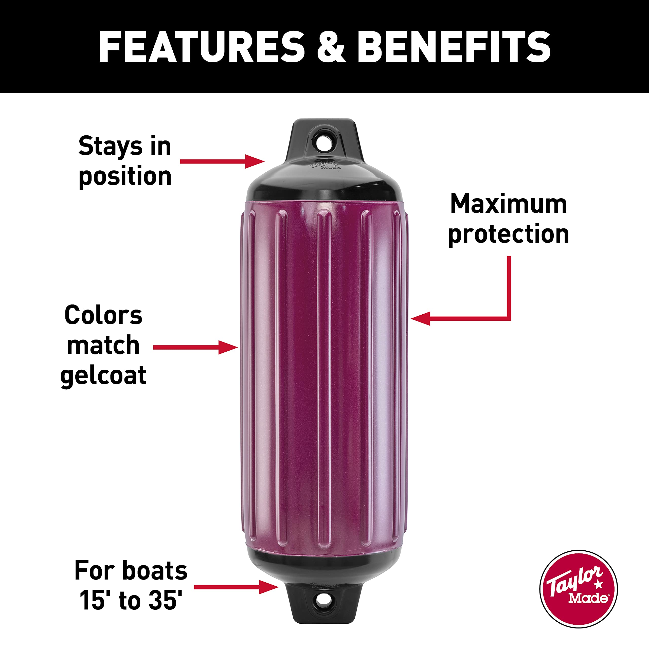 Taylor Made Boat Fender Super Gard, Burgundy (8.5" x 26") Double-Molded Ends, Ribbed Technology to Minimize Roll, Rubber Football Needle Inflation Valve, Marine-Grade Vinyl, 5/8" Eyelets - 953824