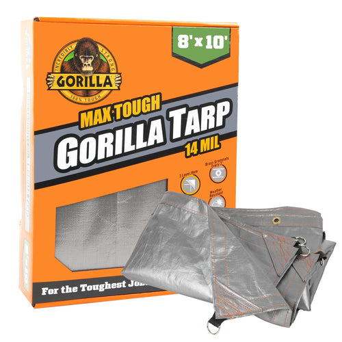 Gorilla Tarp Max Tough 8x10 ft Heavy-Duty 14 MIL Poly, 16x16 Weave, UV Treated, Triple Layer Hems, Brass Grommets Every 3 ft, D-Ring Corners, Tear & Water Resistant, All-Weather Outdoor Cover