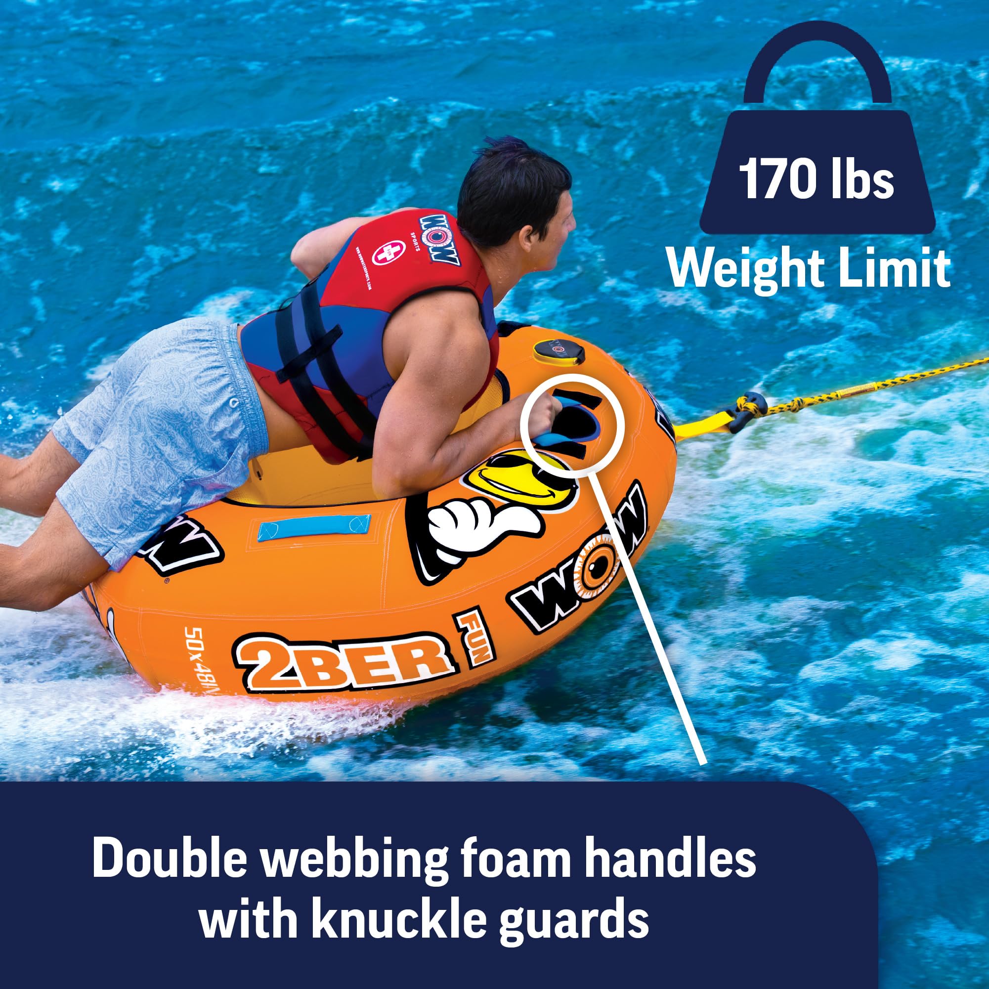 2Ber WOW Sports Fun Inflatable Towable Tube - Included 12V DC Pump & 1K 60' Tow Rope - Classic 1-Person Design - Perfect Boating Accessory
