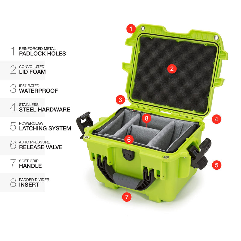 Waterproof Nanuk 908 Hard Case with Padded Dividers - Lime