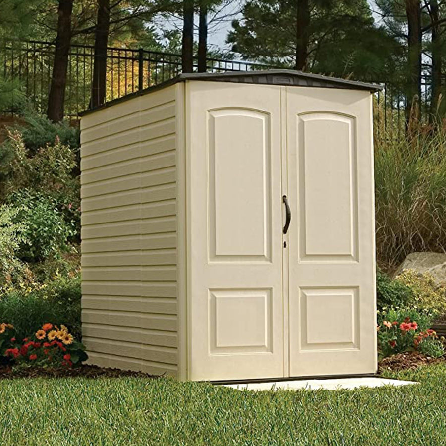 Rubbermaid Vertical Large Resin Outdoor Storage Shed With Floor (6.2 x 4.6 Ft), Weather Resistant, Beige/Brown, Organization for Home/Backyard/Garden Tools/Lawn Mower/Bike Storage/Pool Supplies