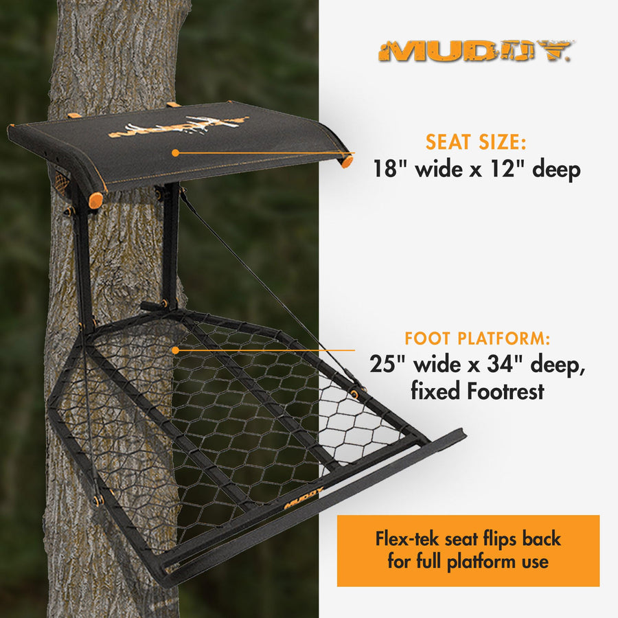 The Boss XL MUDDY 1 Person Hang-On Tree Stand, Deer Hunting Stand with Silent Straps, FlexTek Seat and Extra Wide Platform, Black