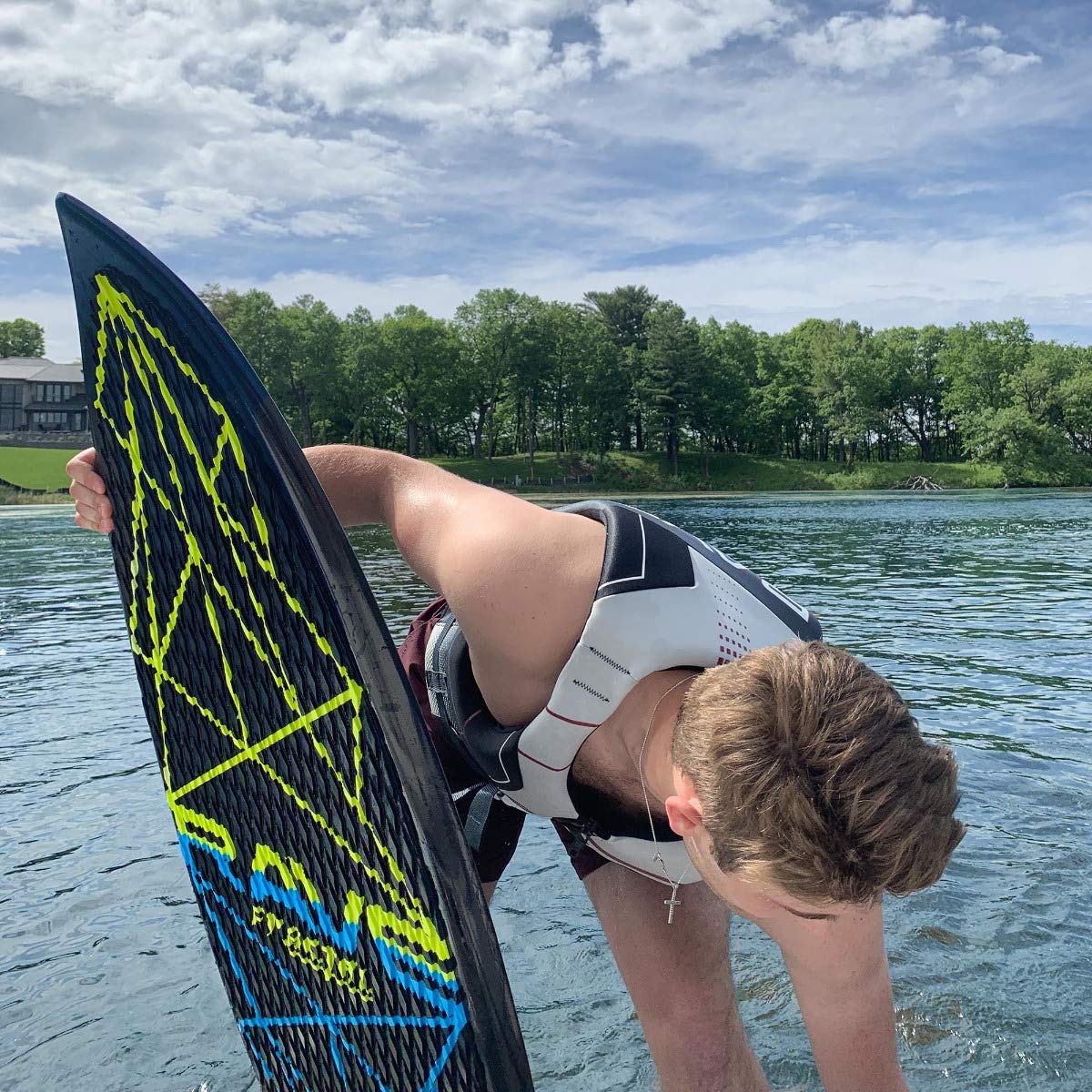 Fractal Wake Surf Board RAVE Sports, 59" x 22", Consistent Weight Distribution and Control, Compressed Molded Fiberglass, Foam Core, Kicktail Design, 3 Fins, Textured EVA Pad, Max Weight 250 lbs