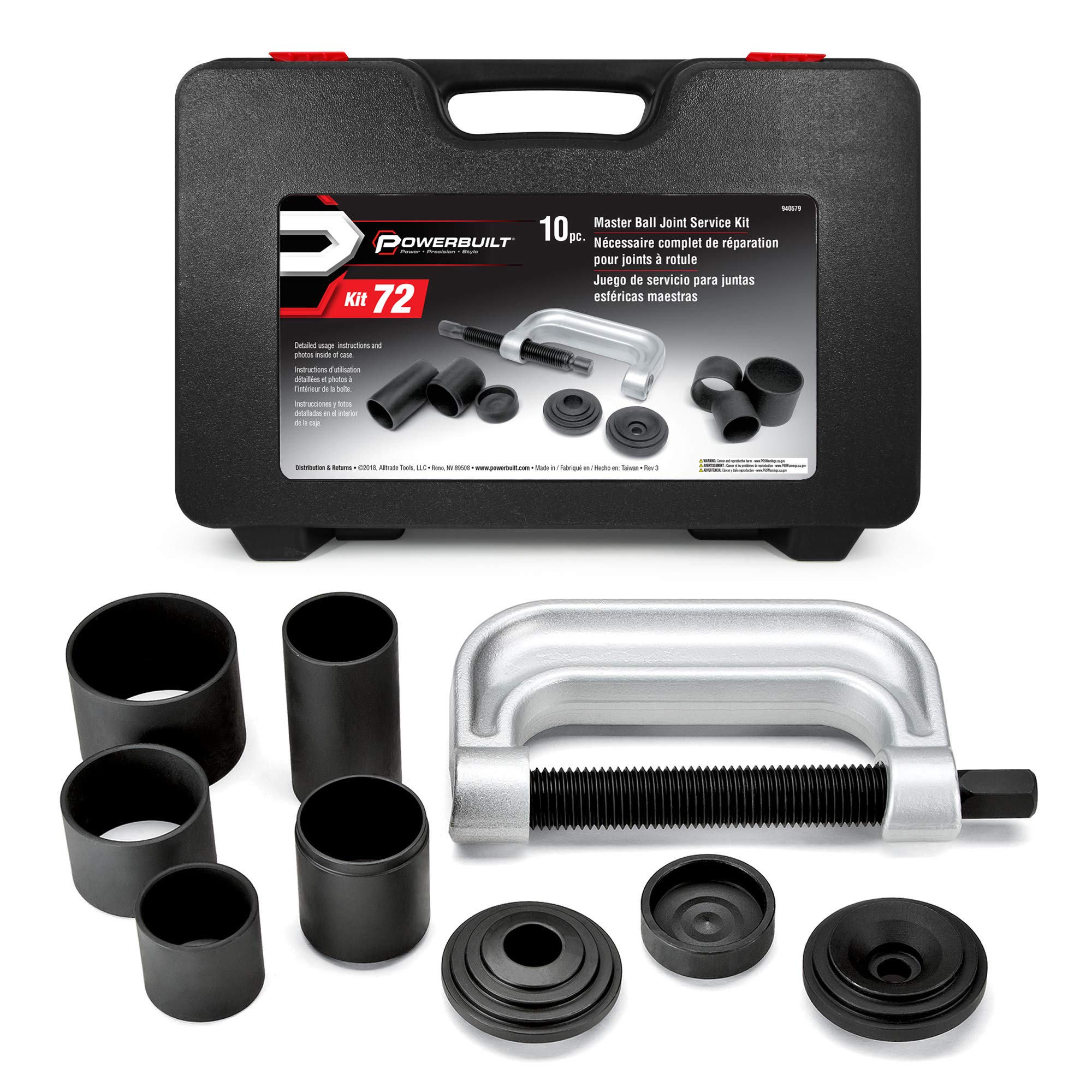 Powerbuilt Master Service Tool Kit, Ball Joint 10 Piece, Remove and Replace Ball Joints and U-Joints, Cars, Light Trucks, Storage Case - 940579, Black