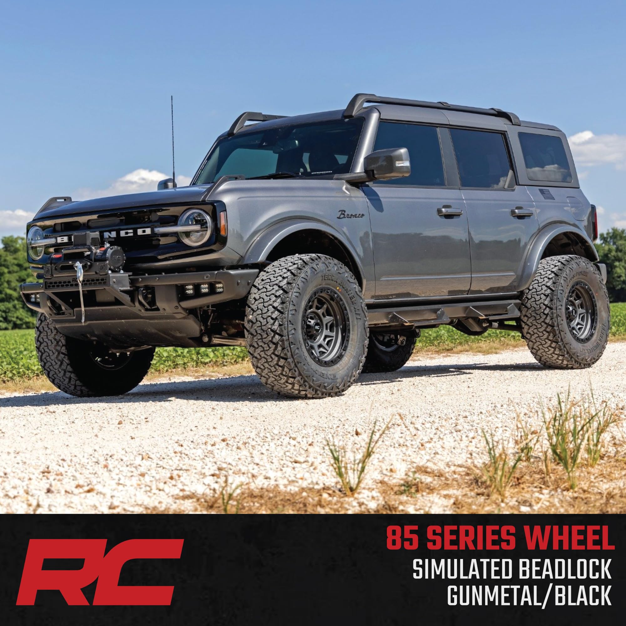 Rough Country One-Piece 85 Series Aluminum Wheel with Simulated Beadlock - 17x9, 5x5" Bolt Pattern, 12mm Offset, Gunmetal Gray/Black