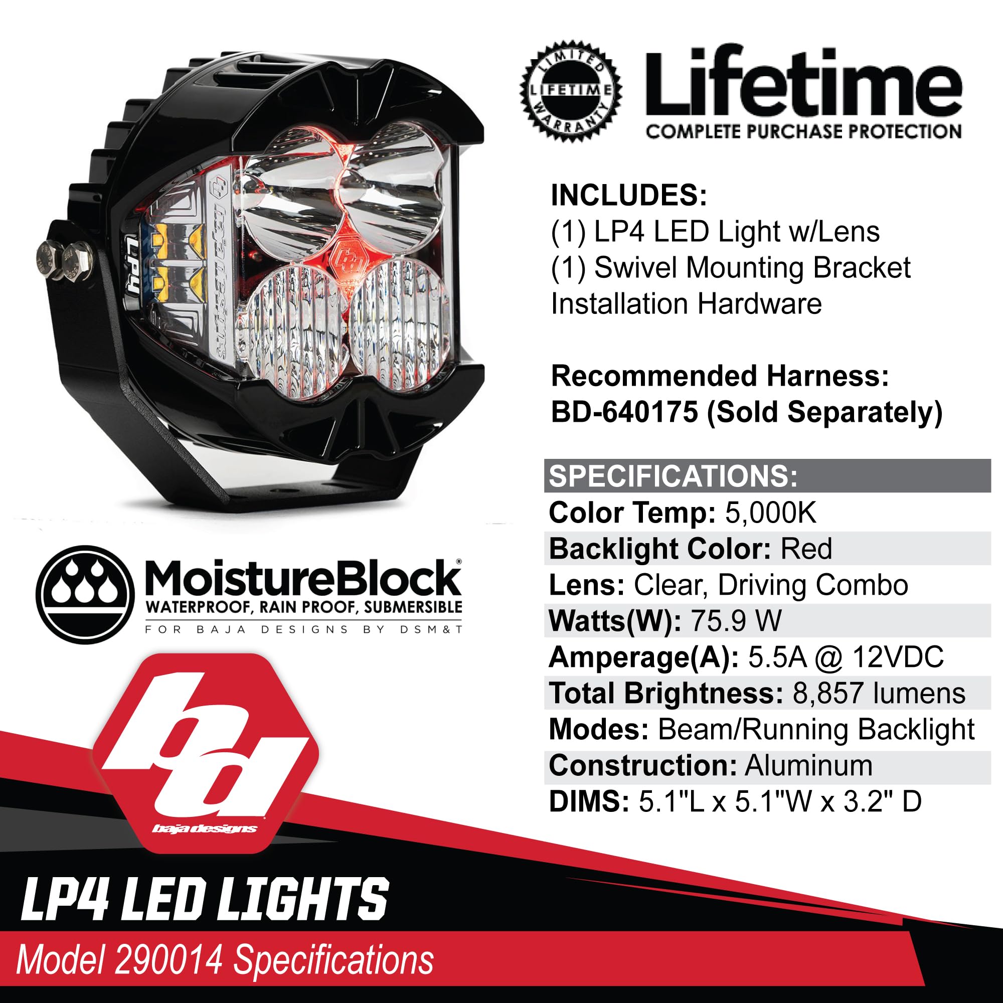 Baja Designs LP4 Pro LED Light Pod - Backlight with Universal Fit, Lifetime Protection (Driving/Combo; Red)