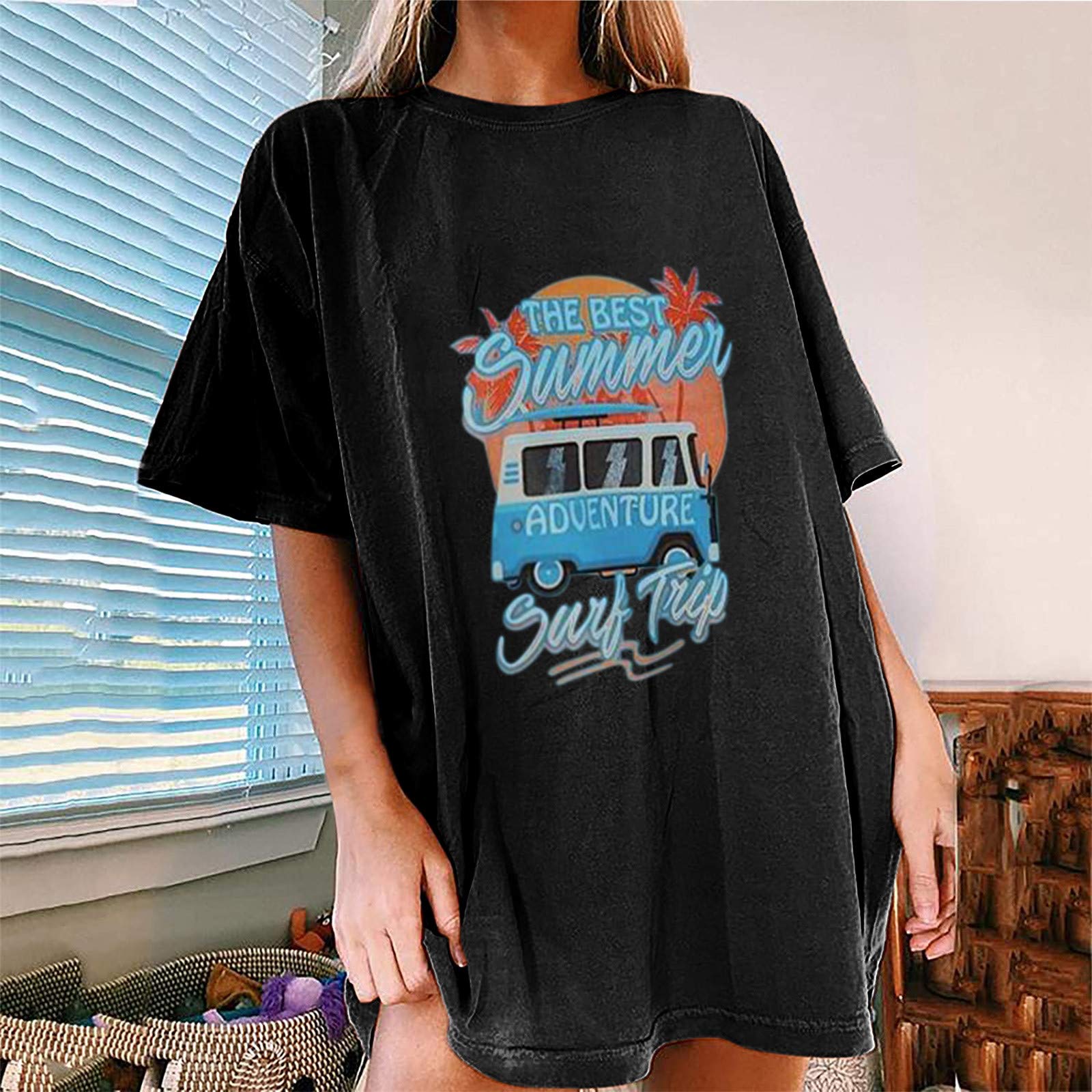Shirts for Women VJGOAL Car Print Short Sleeve Blouse Casual Loose Retro Hoodies Round Neck Pullover Tunic Shoulder Tee Tops Black