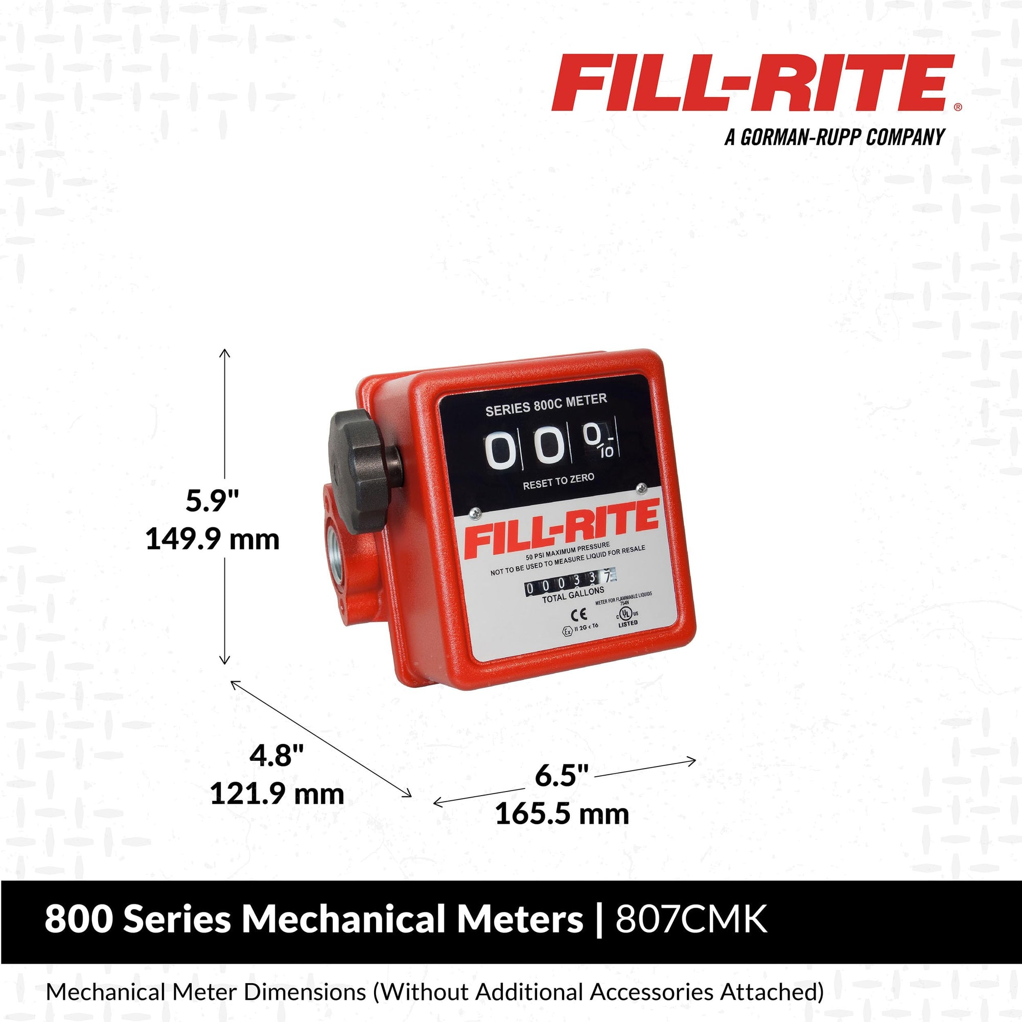 3 Wheel Fill-Rite 807CMK 3/4" 5 to 20 GPM Fuel Transfer Meter w/Mounting Kit For 1200, 2400, 600, & 700 Series Pumps