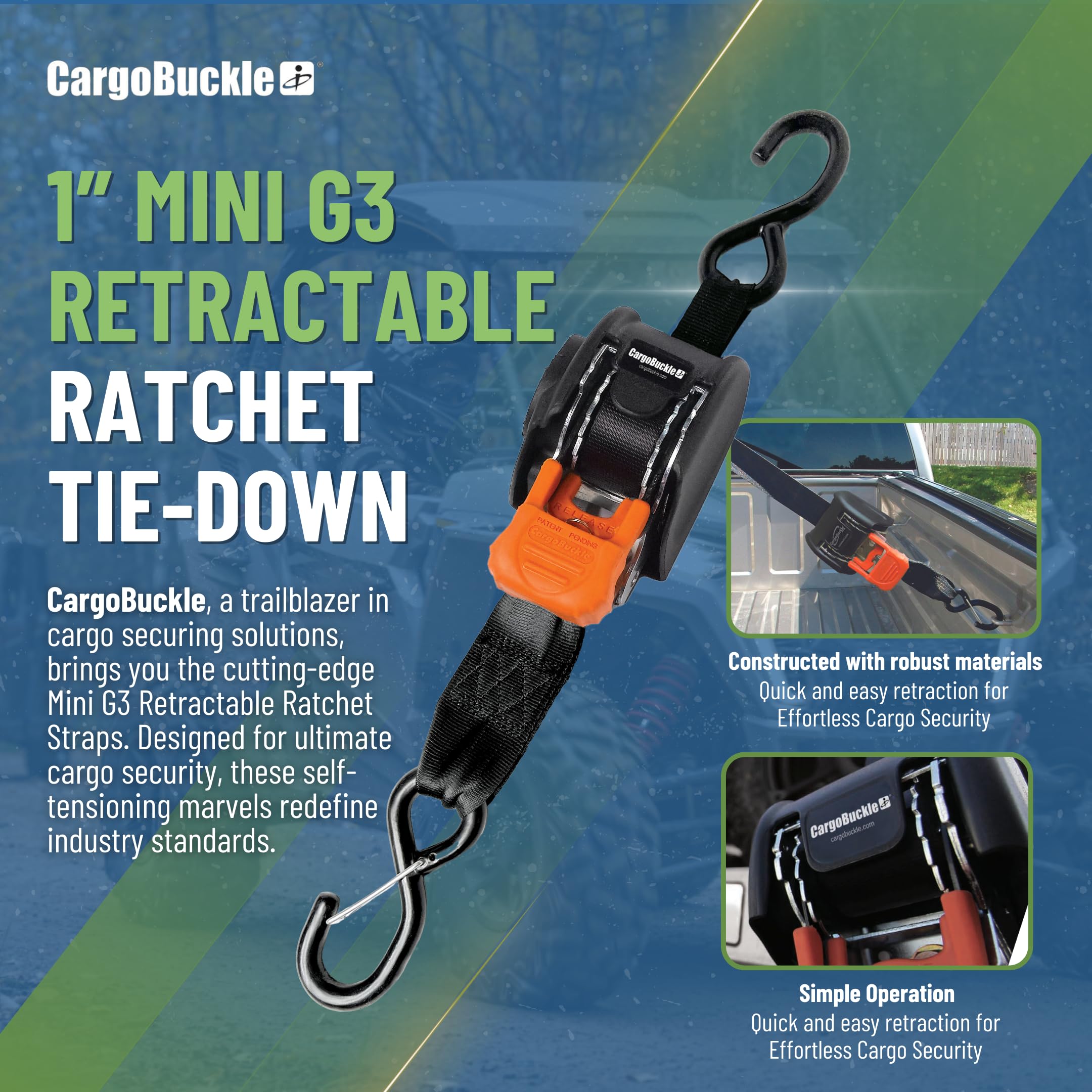 Mini G3 CargoBuckle Retractable Ratchet Straps with Dual S-Hooks, 1400 lbs Break Strength, 1-Inch Width X 6 ft Reach, Auto Ratchet Straps for Trailers, Toy Haulers, ATVs, and Motorcycles - 2 Pack