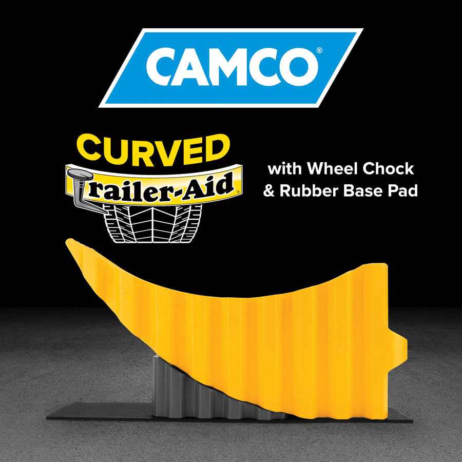 Camco Curved Camper/RV Trailer Aid - Features 6.5" of Lift & Includes Wheel Chock and Rubber Base Pad - Designed for Trailers Up to 20,000lbs & Compatible w/ Tires Up to 32" (44436)