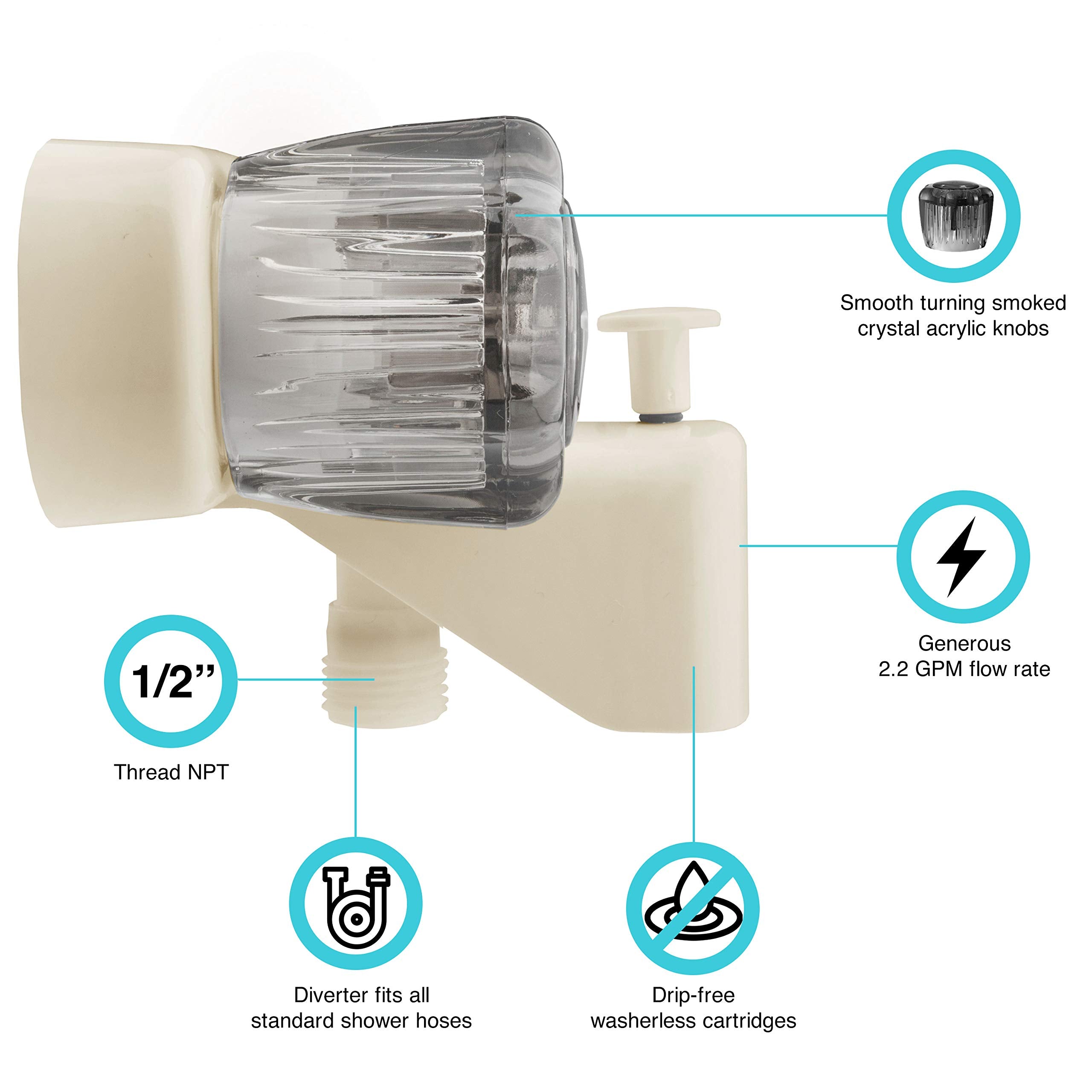 Dura Faucet RV Tub & Shower Faucet Valve Diverter DF-SA110S-BQ with Smoked Acrylic Knobs (Bisque Parchment)