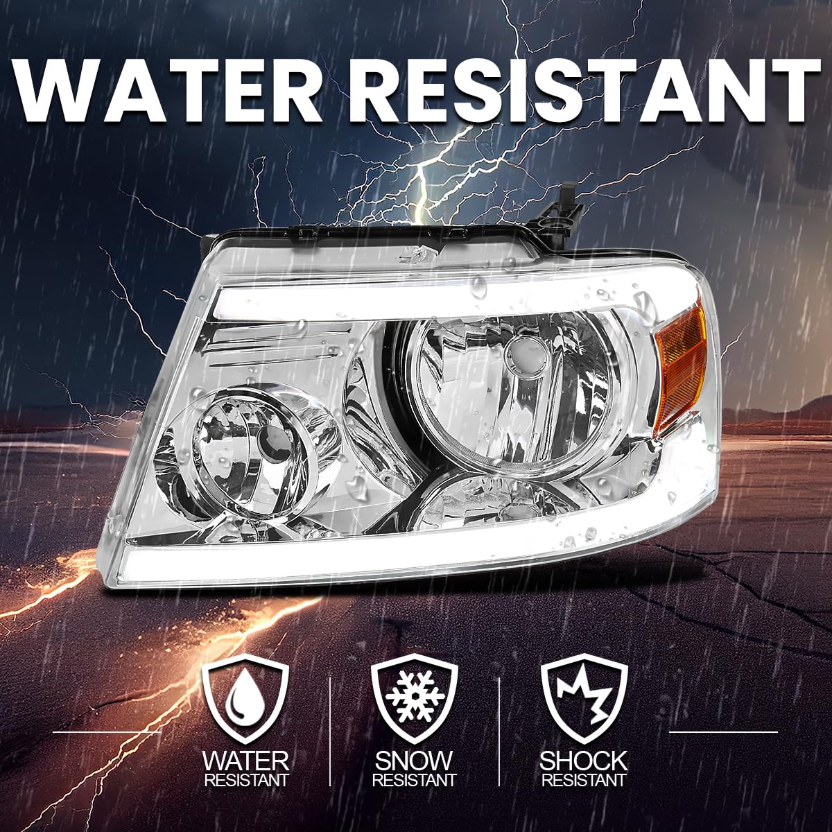 Chrome Headlights SPEC-D TUNING w/LED Bar Strip Compatible with 2004-2008 Ford F-150, 2006-2008 Lincoln Mark LT L+R Pair Head Light Lamp Assembly