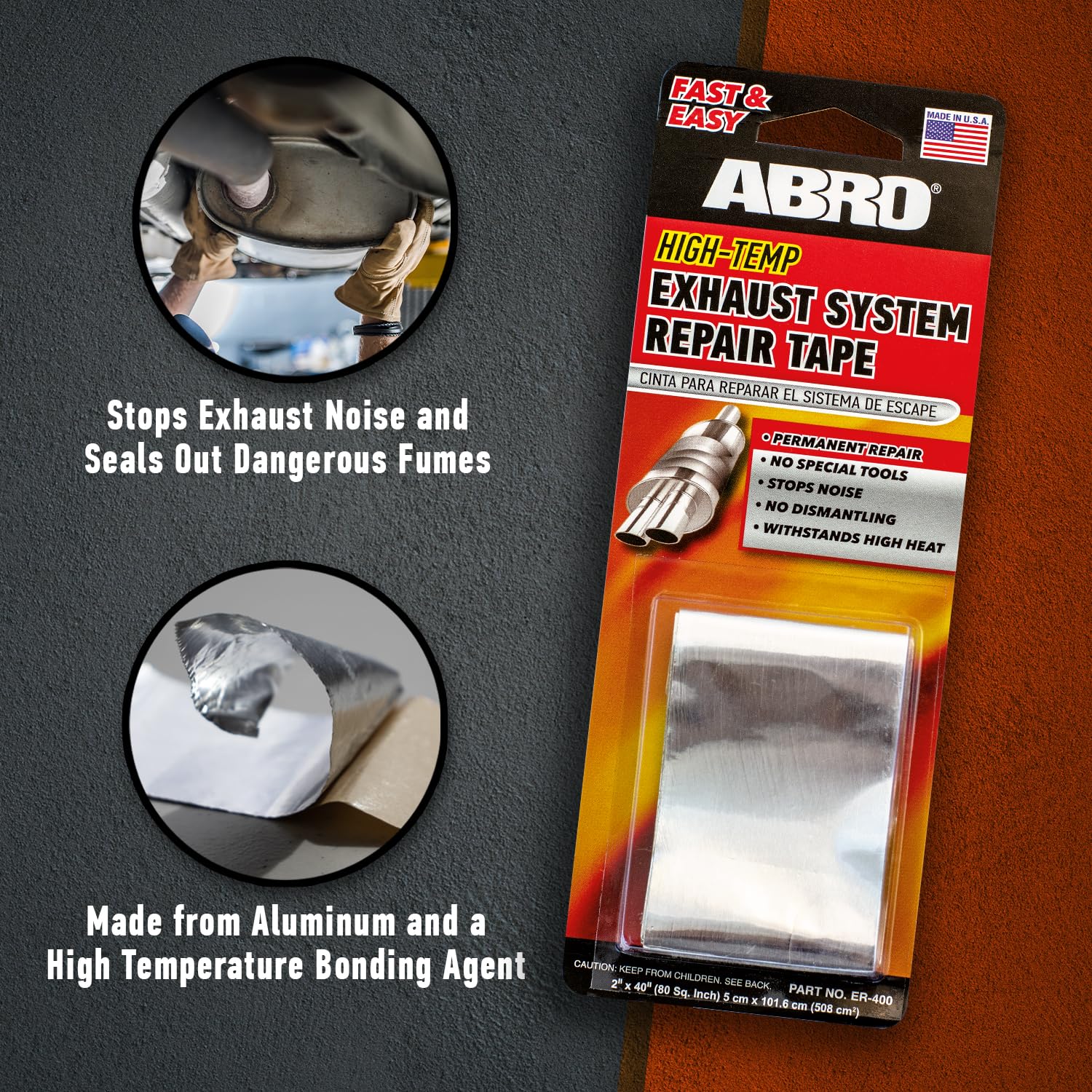 Muffler Repair Kit: ABRO Exhaust Tape, High Temp Aluminum Bonding Agent Exhaust Leak Tape, Fast, Economical, Permanent Solution to Stop Noise and Seal Out Dangerous Fumes, No Special Tools Required