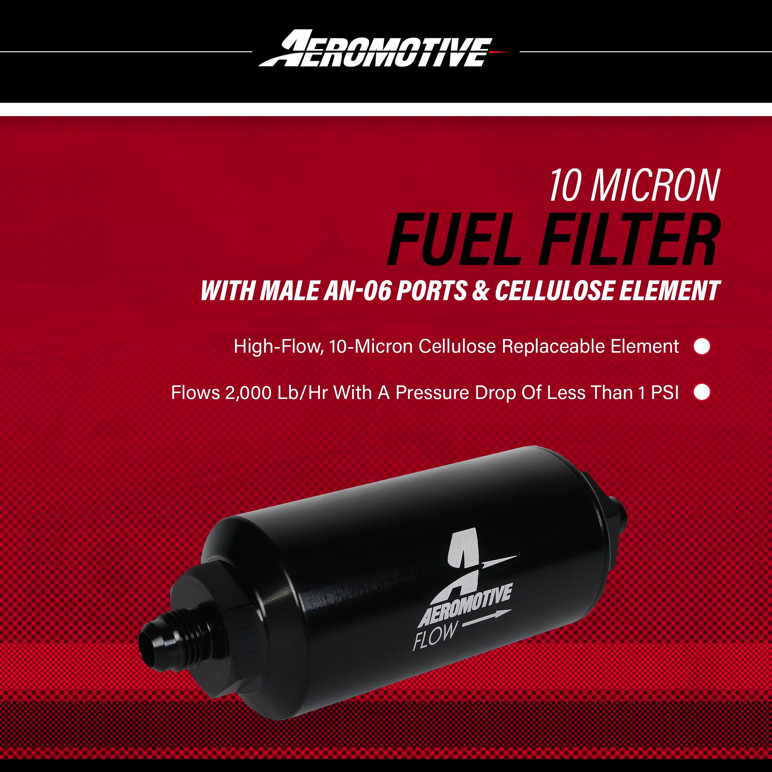 Inline Fuel Filter Element Aeromotive 12347, 10 Micron Rating, Cellulose Media, Male AN-06, Port, Gas and Diesel, 2" OD