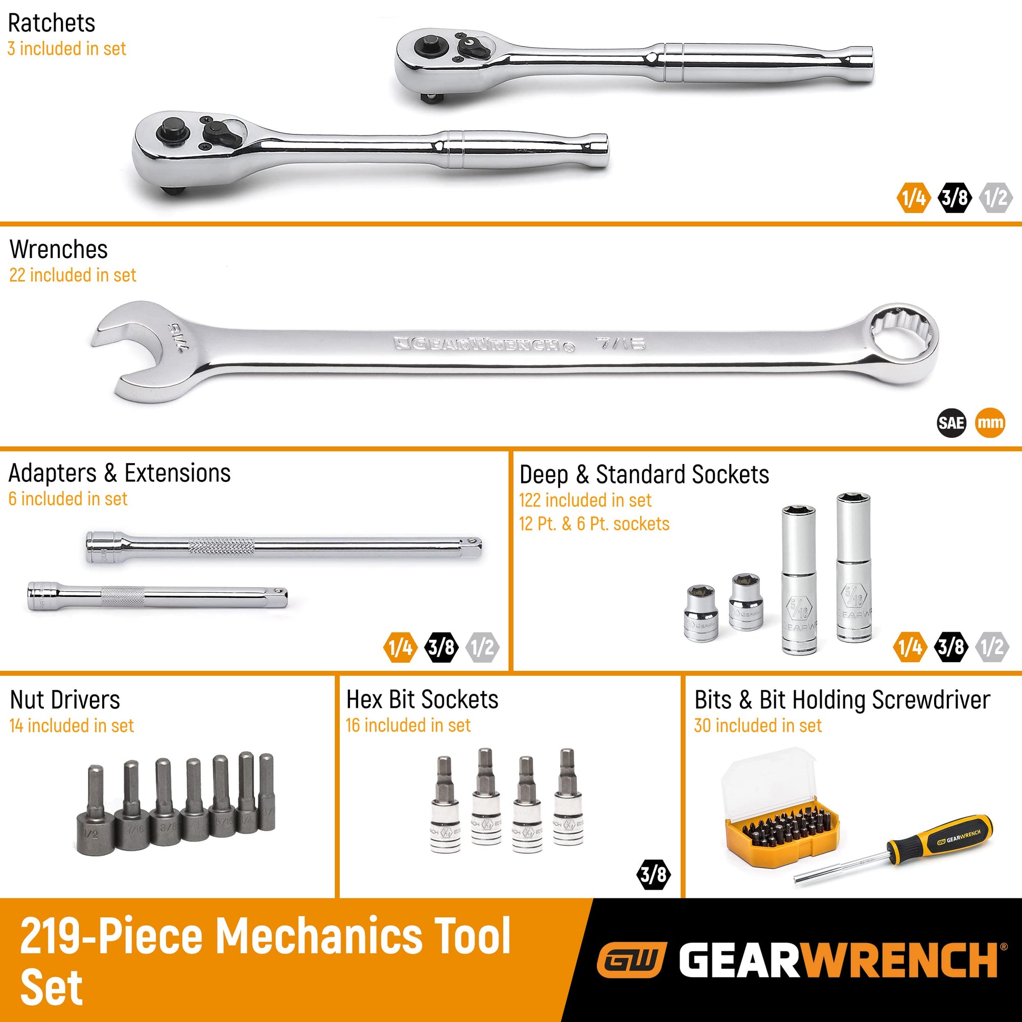 3 Drawer Storage Box GEARWRENCH 219 Pc. Mechanics Tool Set - 80940