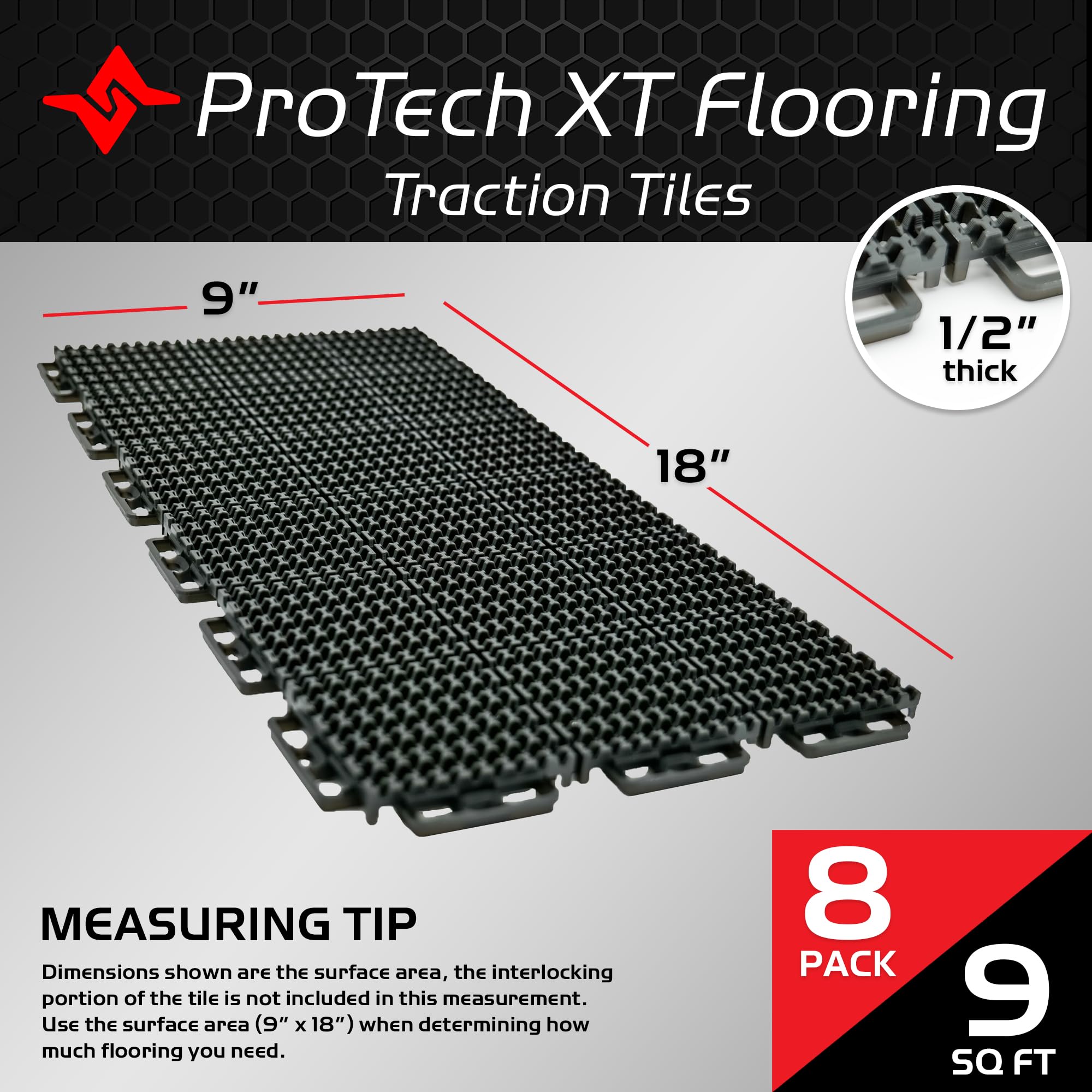 ProTech XT Caliber Garage Flooring and Trailer Deck Traction Tiles, 9” x 18” Interlocking Tiles, Black, 8-Pack