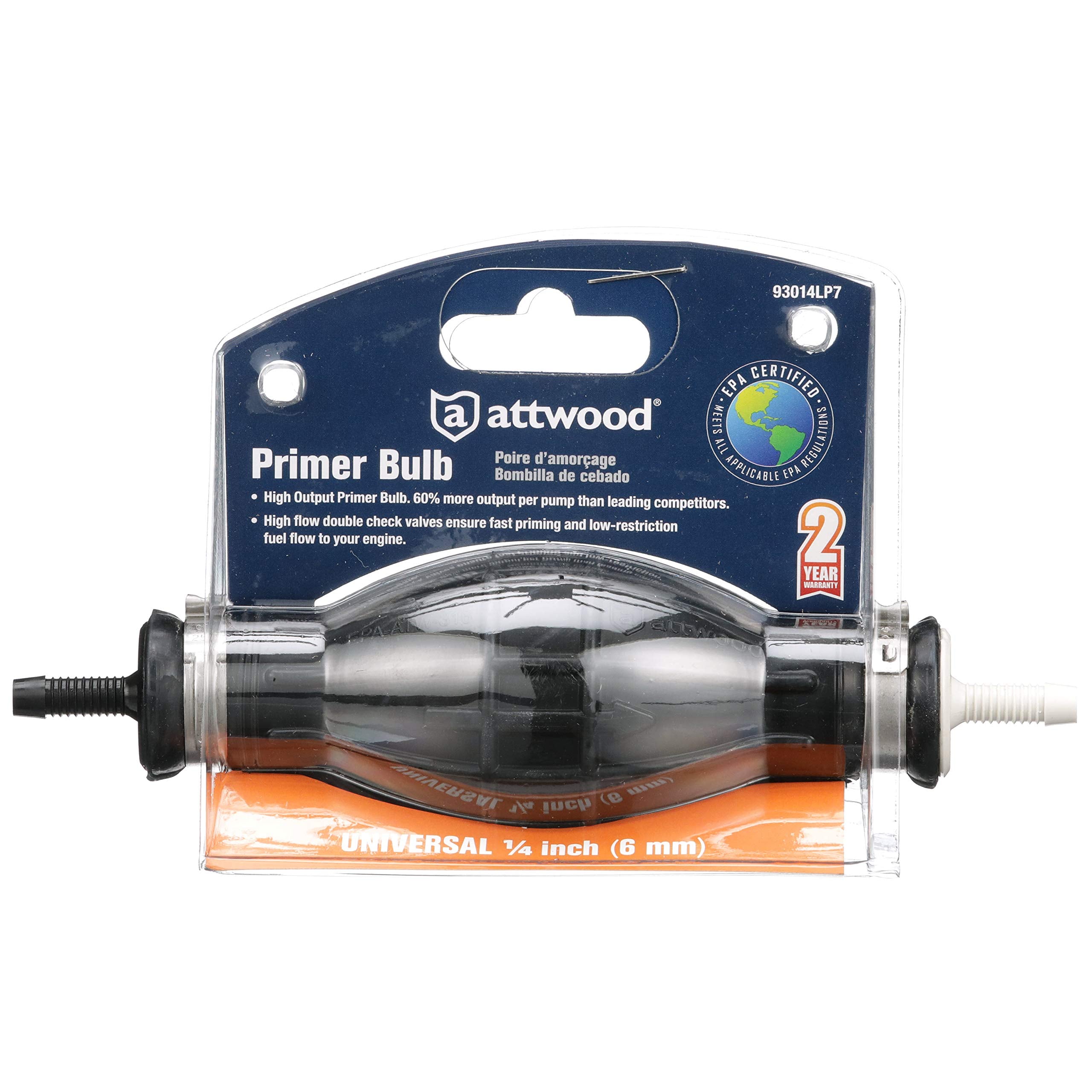 93014LP7 attwood Primer Bulb, For Use With ¼-Inch Interior Diameter Hose, 3-Layer Construction, Engineered Hose Barbs, Leak-Free