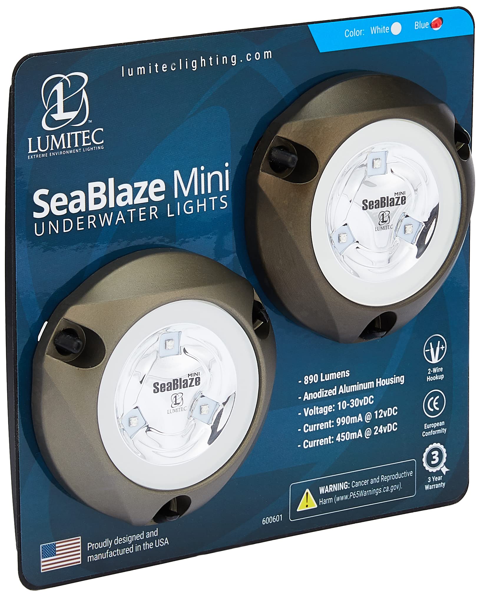 SeaBlaze Mini Lumitec Underwater LED Boat Lights - 700 Lumens, Marine Grade, Fishing, Dinghy, Skiff - Sold as a Pair - Made in the USA, Blue