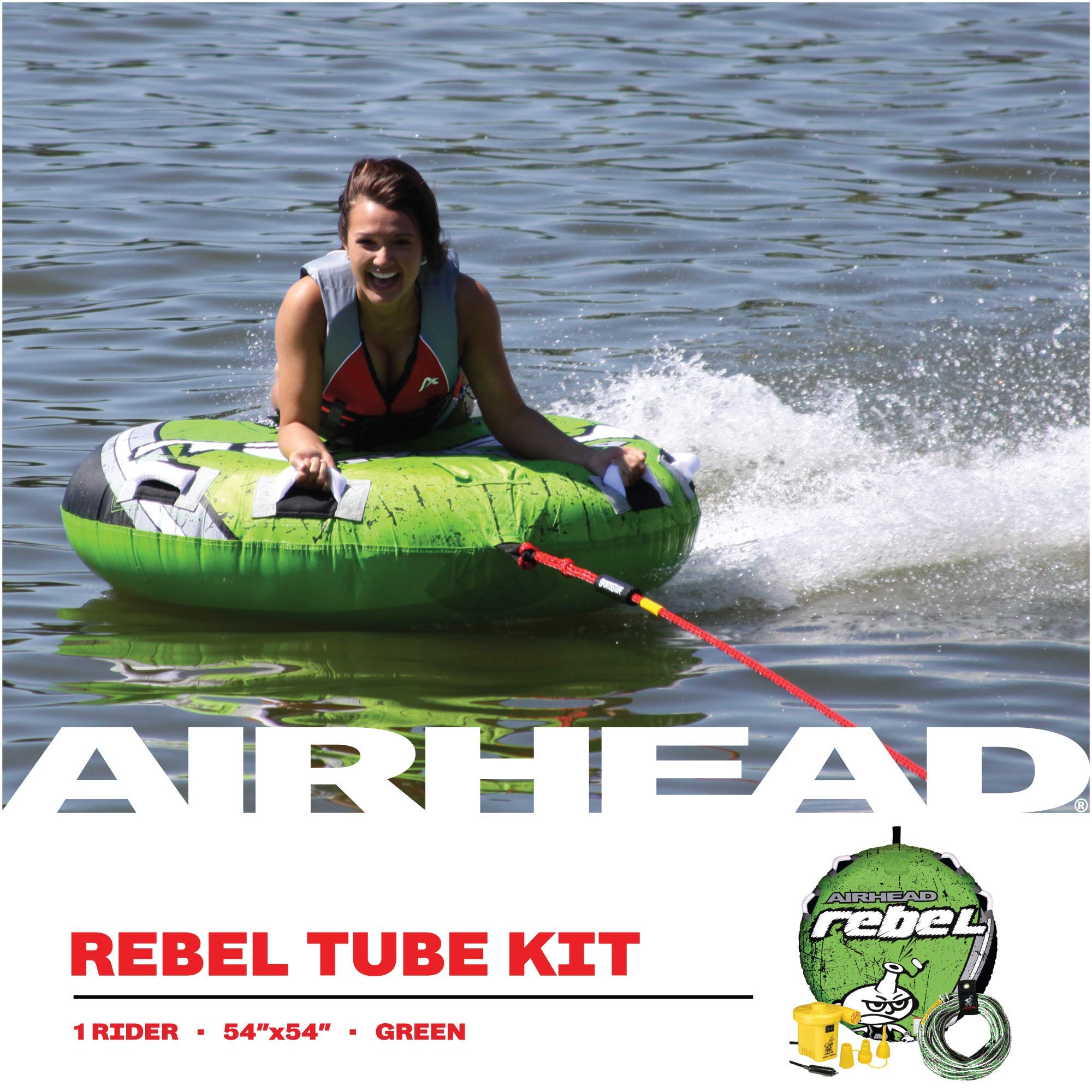 Airhead Towable Kit Rebel 1 Rider Tube with Rope And Pump, Kwik-Connect Tow, Double-Stitched Full Nylon Cover and Speed Safety Valve for Easy Inflating and Deflating