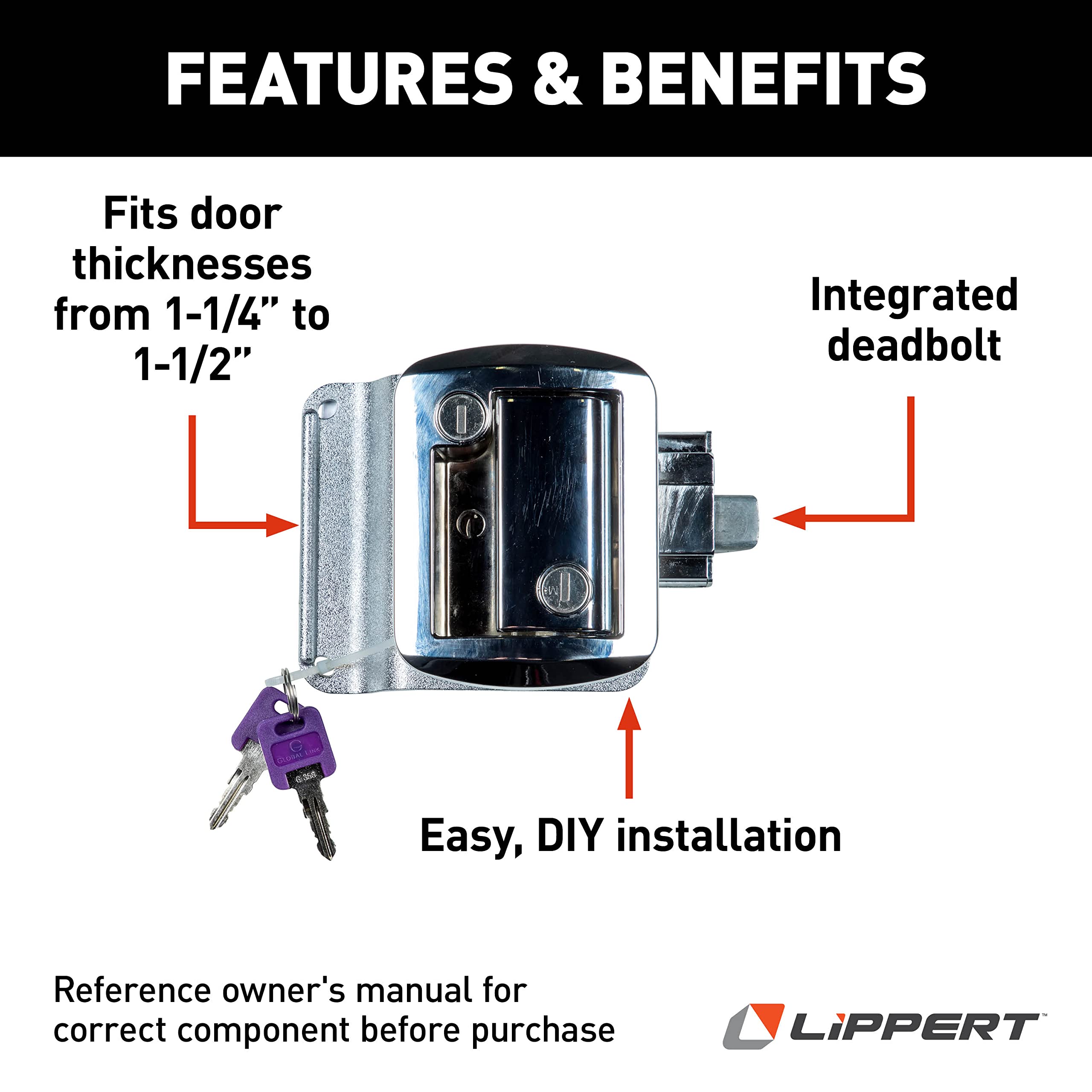 Lippert RV Entry Door Latch Kit with Deadbolt, Keyed Lock, Chrome, Two FIC Keys, Edge Cover Plate, Strike Plate, Mounting Screws - 346692