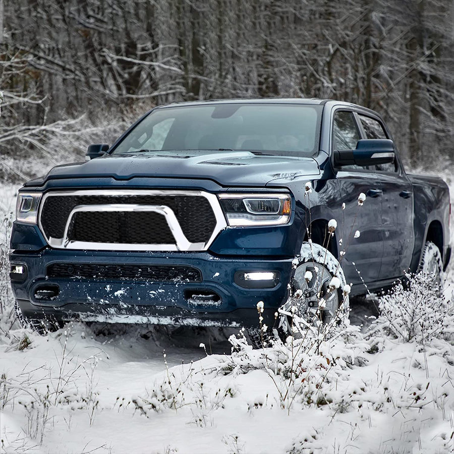 Chrome Shell Spec-D Tuning Glossy Black Mesh Front Bumper Hood Grille Compatible with 2019-2024 Ram 1500
