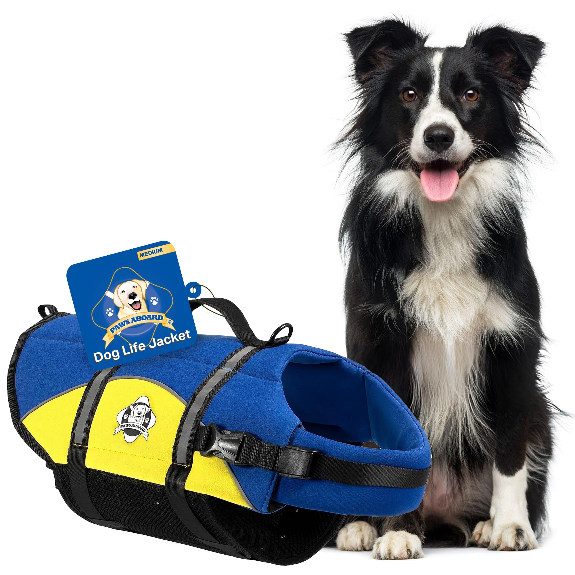Dog Life Jacket Paws Aboard - Swimming Vest for Dogs, Adjustable, Reflective, Comfortable, Multiple Colors, Patterns, XX-Small to Extra Large Dog Swim Vest with Handle (Blue & Yellow, Medium)