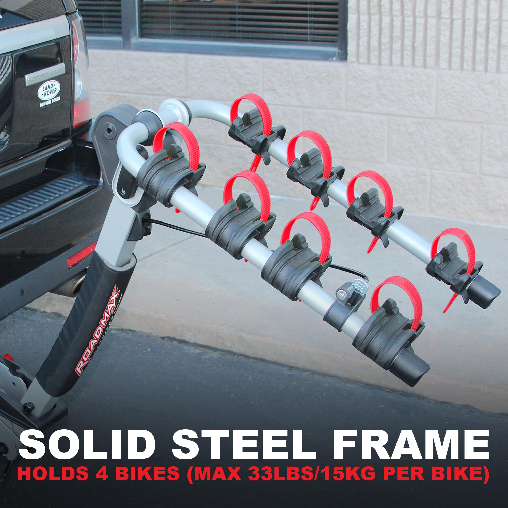 Road-Max Deluxe Trimax–RMRB4X Hitch Mount 4-Bike Carrier - Fits 1-1/4" and 2" Receivers, 4 Bike Rack Hitch, Soft Padded Cradles, Foldable Arms, Tilts for Rear Access
