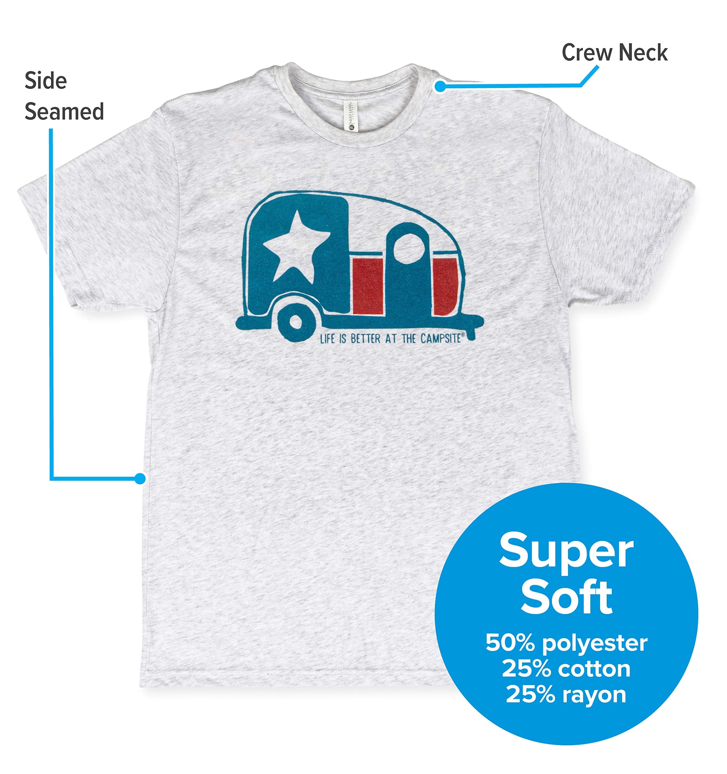 Camco Crew Neck Life is Better at The Campsite Short Sleeve T-Shirt | Features Soft Ring-Spun Cotton Fabric, Texas Flag Camper Design on Heather White, and is Machine Washable | Large (53392)