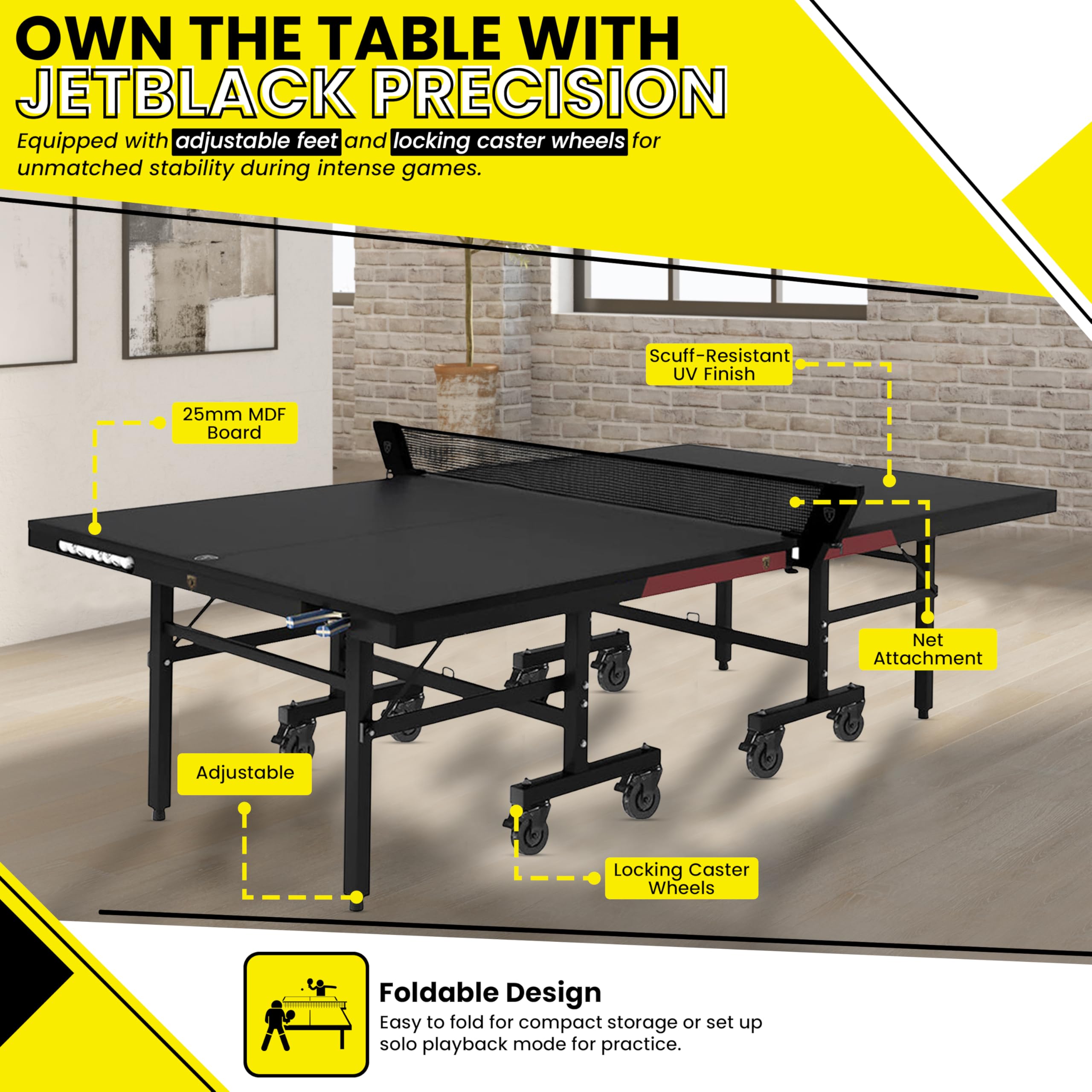 Ping Pong Table Killerspin MyT 415 Max - Foldable Table for Table Tennis, Portable Ping Pong Table Set with Built-in Paddle and Ball Storage, 25MM MDF Board Pingpongball Table, Jet Black