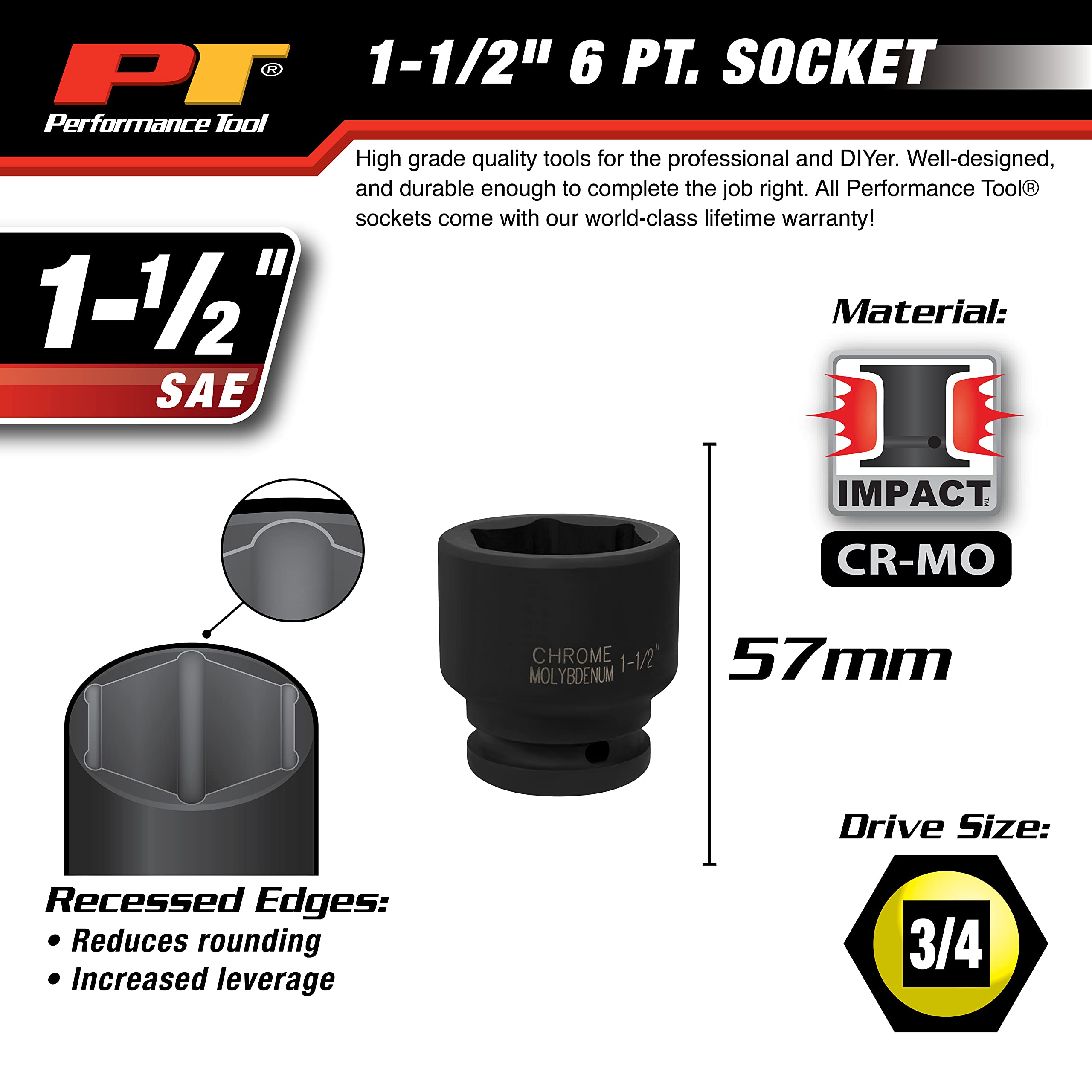 M740-48 Performance Tool, 3/4-Inch Drive 1-1/2-Inch 6pt Impact Socket - Chrome Moly Steel, Black Oxide Coated