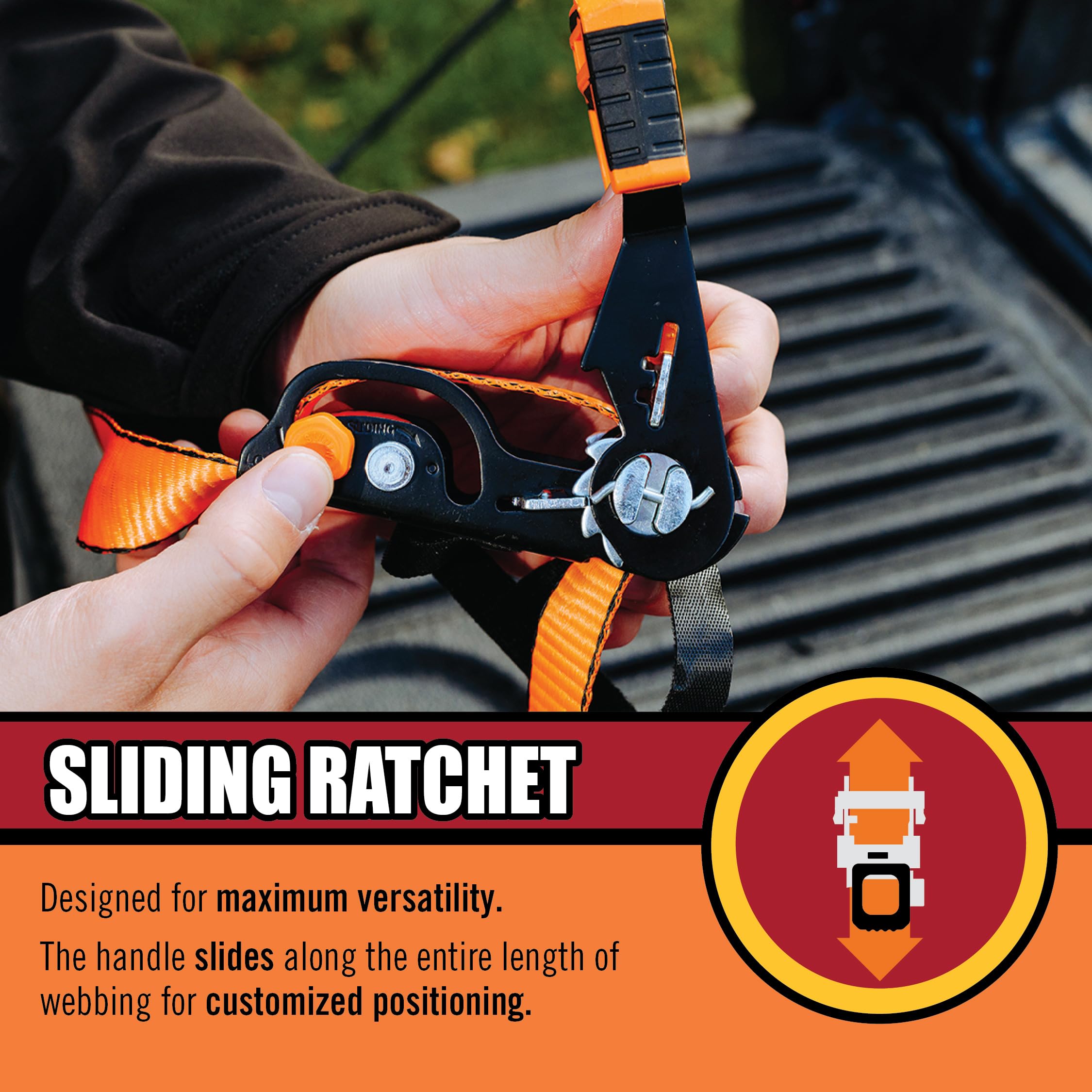 Gorilla Heavy Duty Ratchet Tie Down Strap 1.25 inch x 16 feet with a Sliding Ratchet Grip Handle and Cap Locks for Anchor Securement