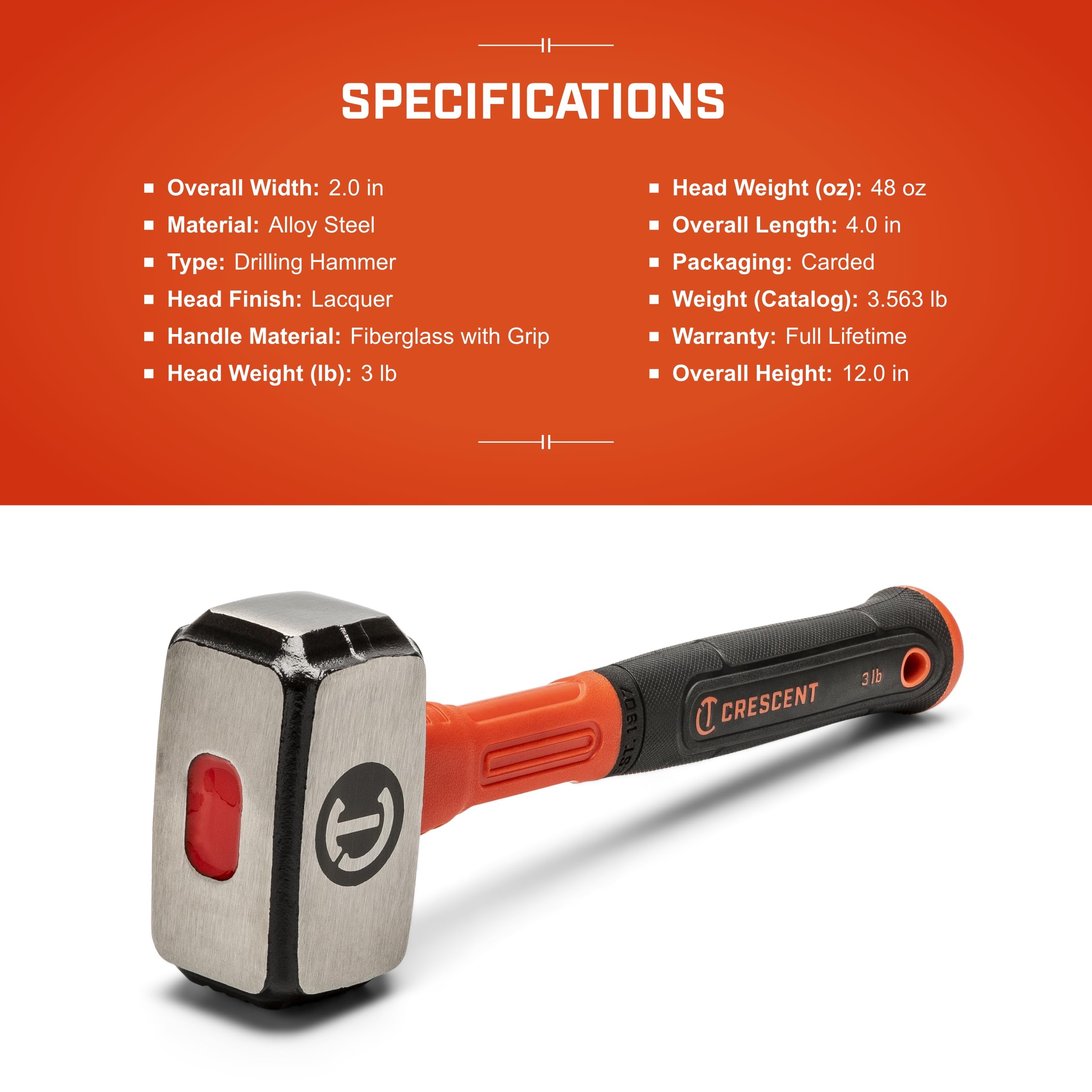 Fiberglass Crescent Drilling Hammer - Heavy Duty Construction Hand Tool for Home Improvement & Repair - 3 Lb - CHFDRL48