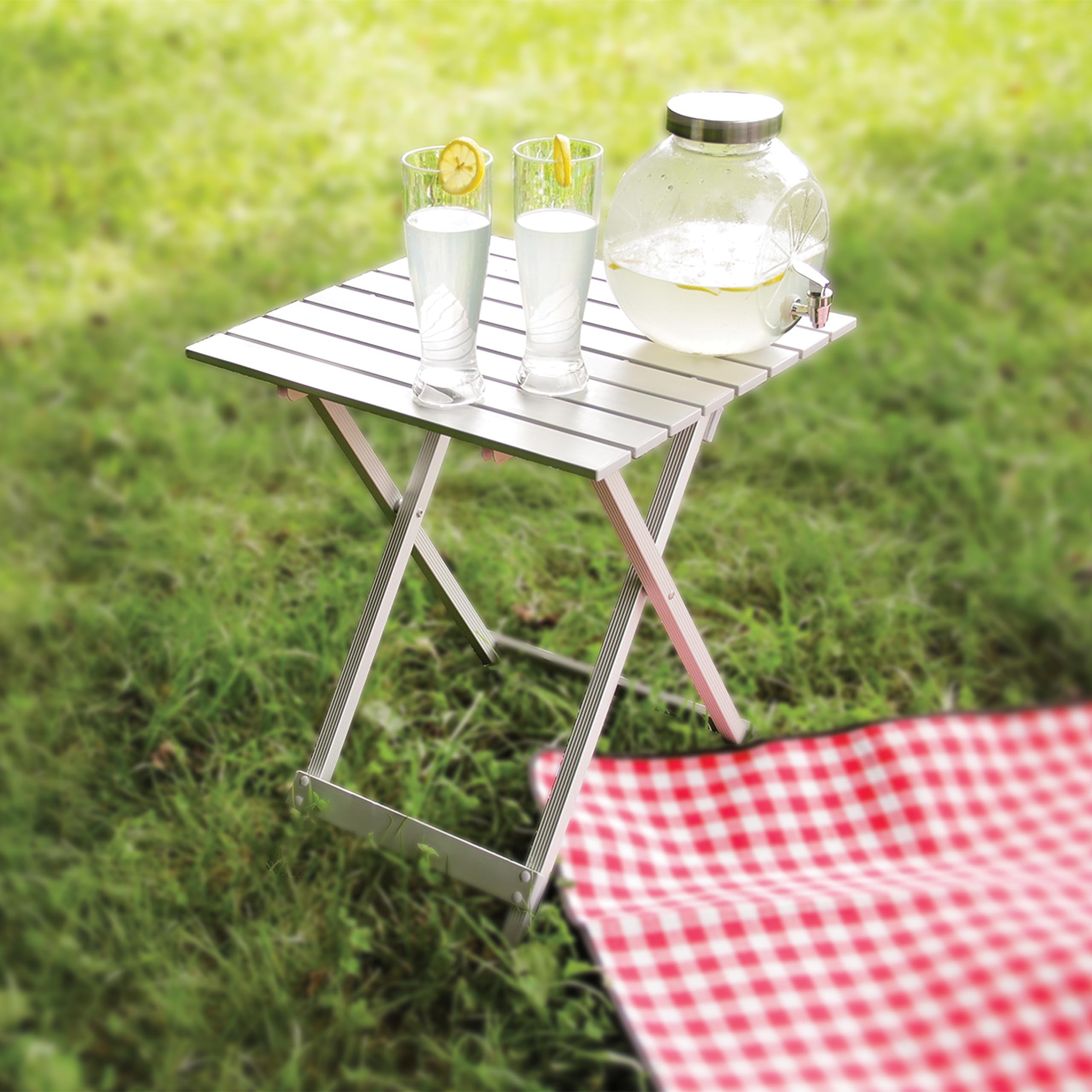 Camco Large Side Table Aluminum - Features Easy Setup & Supports Up to 110lbs - 19.5 L x 20” W x 24.25” H - Great for Camping, RVing & More - Folds to 2” (W) for RV Storage and Organization (51891)
