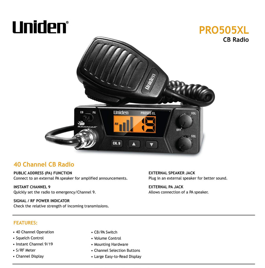 40-Channel Uniden PRO505XL CB Radio. Pro-Series, Compact Design. Public Address (PA) Function. Instant Emergency Channel 9, External Speaker Jack, Large Easy to Read Display. - Black