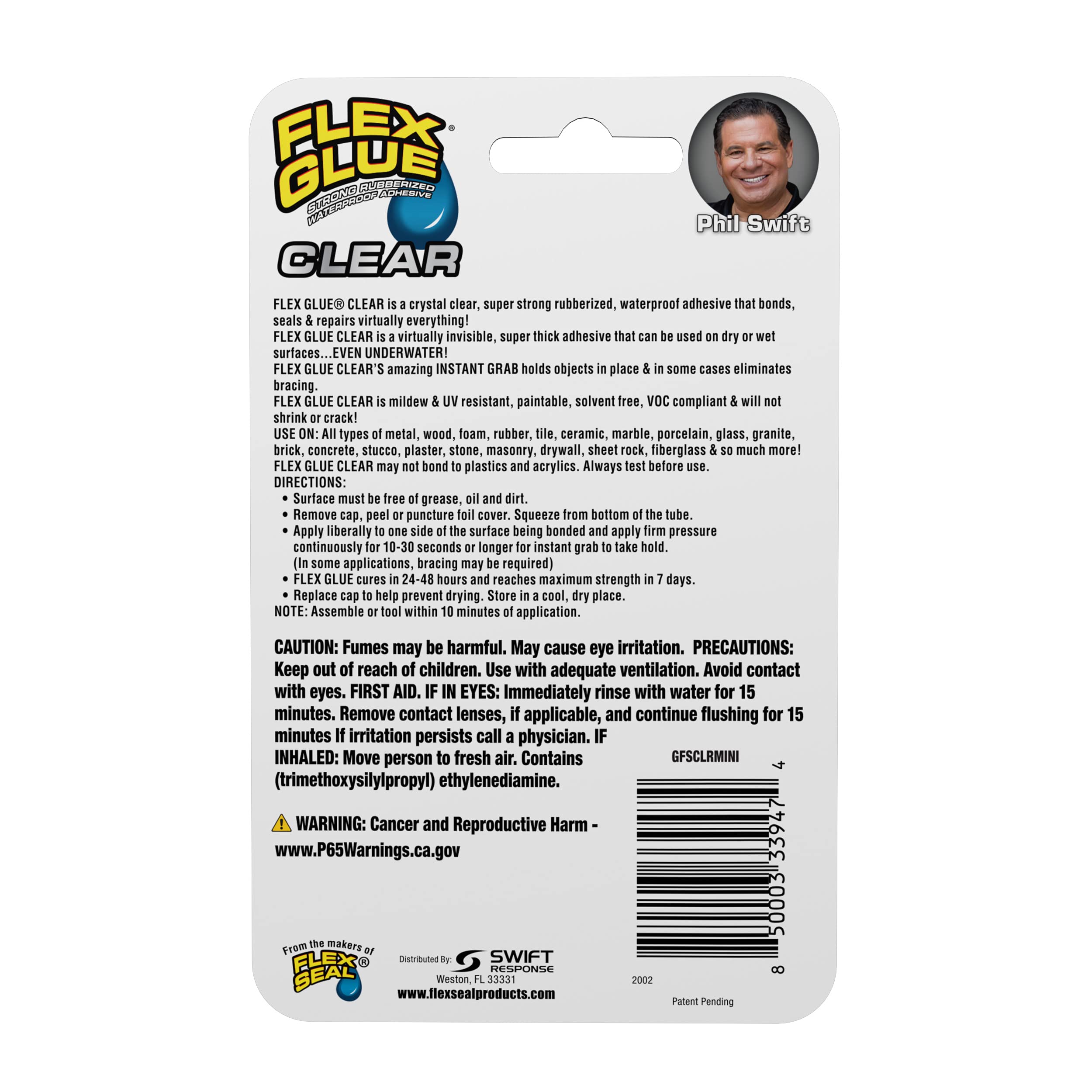 Mini Flex Glue, Clear, 3-Pack, Super Strong, Transparent, Rubberized Waterproof Adhesive, Works Underwater, Use on Pools, Showers, Outdoors, Concrete, Brick, Pavers, Masonry, UV Resistant