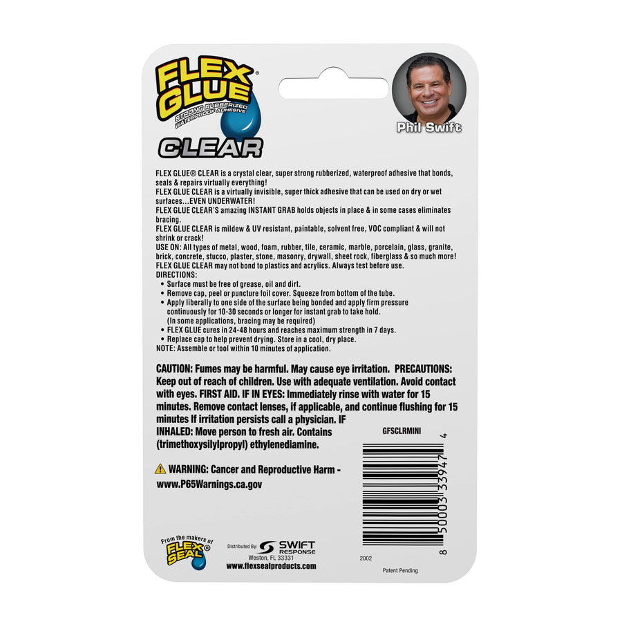 Mini Flex Glue, Clear, 3-Pack, Super Strong, Transparent, Rubberized Waterproof Adhesive, Works Underwater, Use on Pools, Showers, Outdoors, Concrete, Brick, Pavers, Masonry, UV Resistant