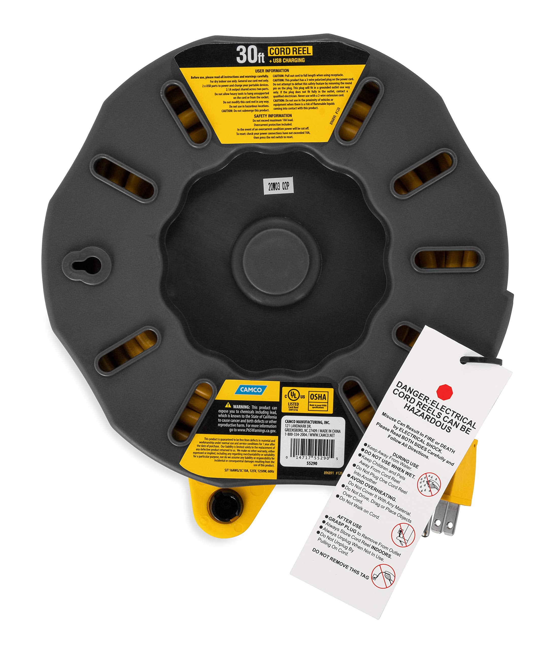 30-Ft Camco 10 Amp RV Extension Cord Reel - Rated for 125V / 1,250W - Features 4 125V Electrical Outlets & 2 USB Ports - Includes On/Off Switch & Built-in Circuit Breaker (55290)