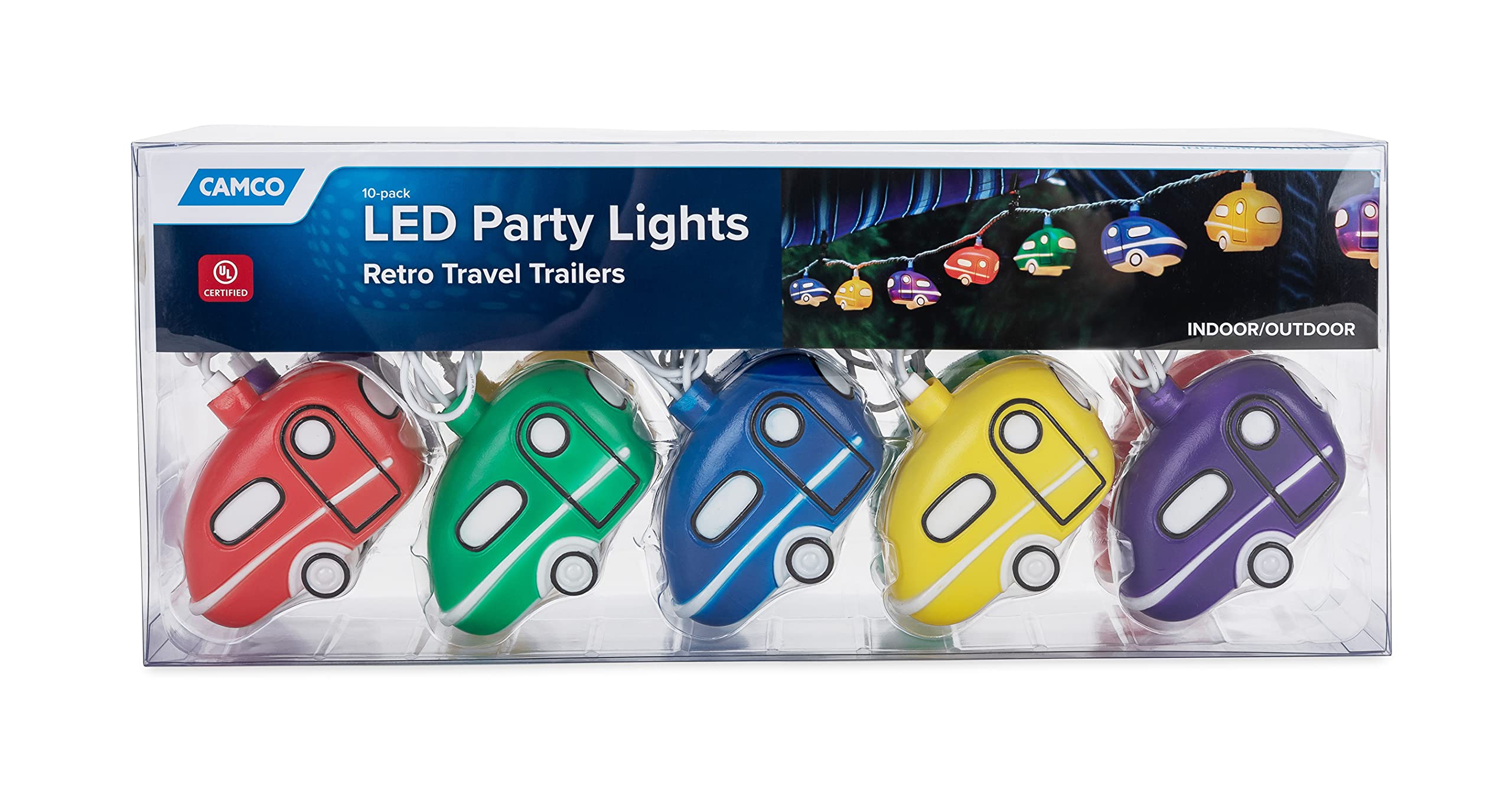 Camco Party Lights Retro Travel Trailer - Features an 8' Strand with (10) Travel Trailer Lights - Camping String Lights - Perfect for RV Awnings and Campsite Décor (42655)