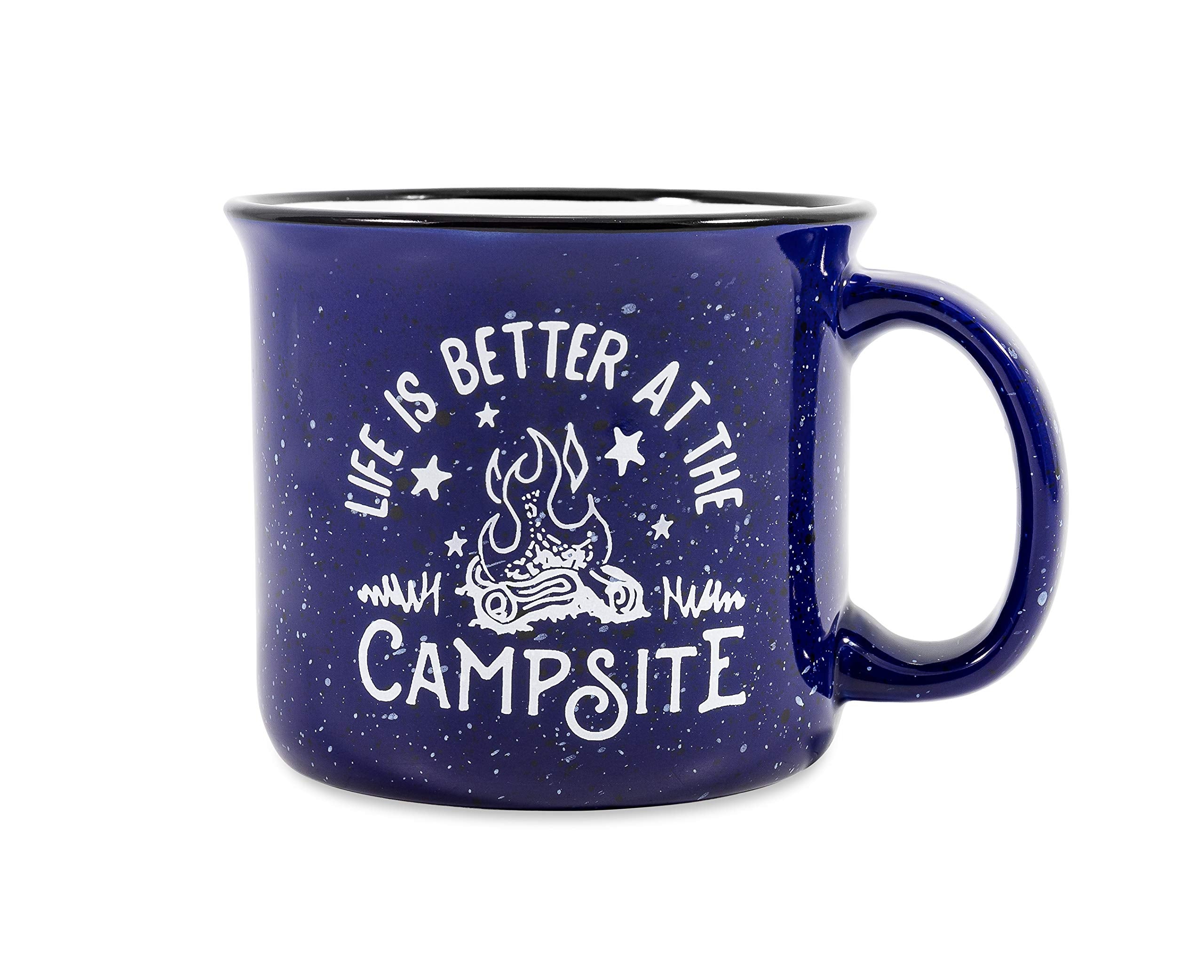 Camco Ceramic Mug Life is Better at The Campsite | Microwave and Dishwasher Safe | Speckled Blue bakground with White Life is Better at The Campsite Design | 14oz. (53387)
