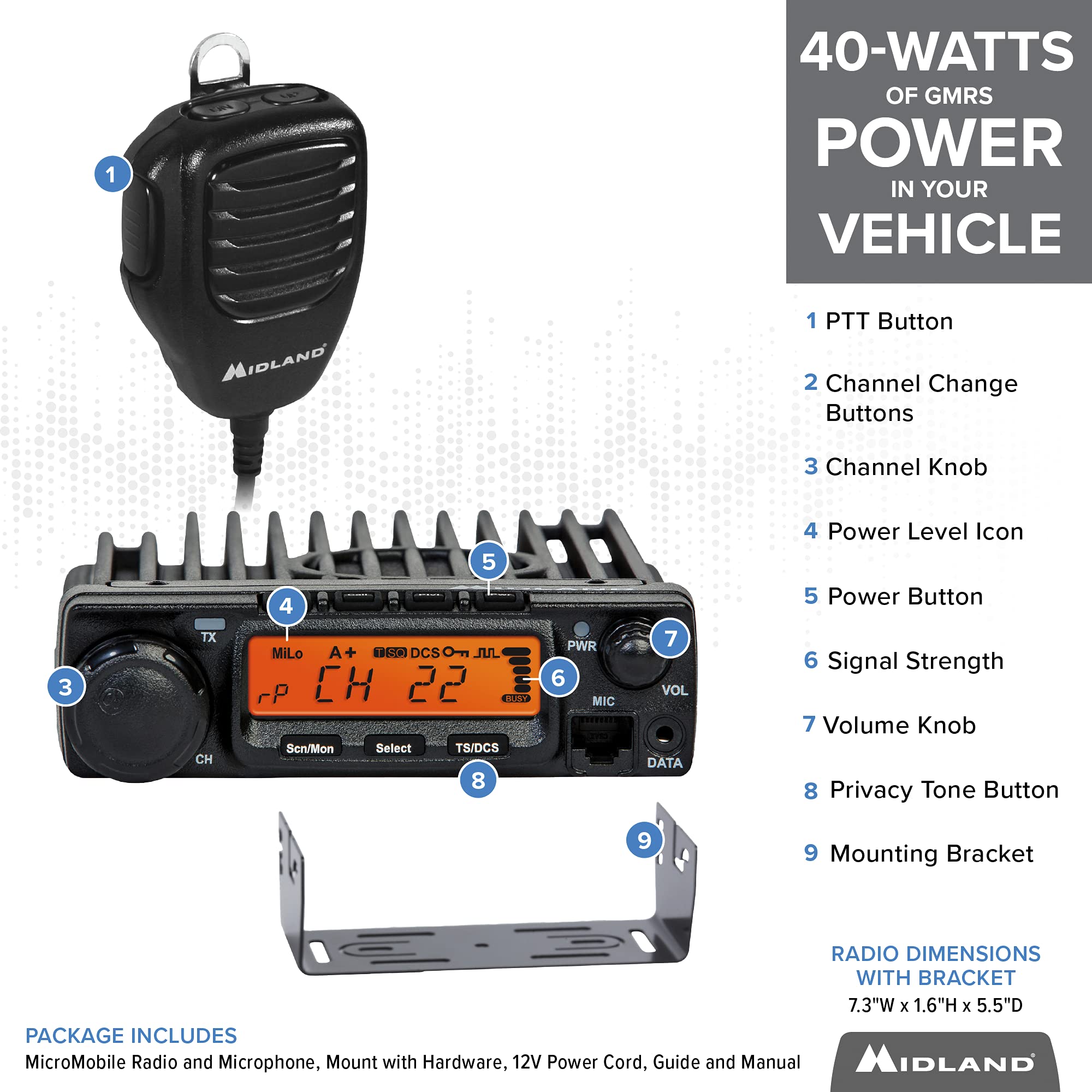 MXT400VP3 Midland – 40 Watt GMRS MicroMobile Two Way Radio - Off Roading Outdoor Boat Ranches Tractors Radio - 8 Repeater Channels - Antenna Mounting Bracket Antenna Chord, 3dB Gain Ghost Bundle