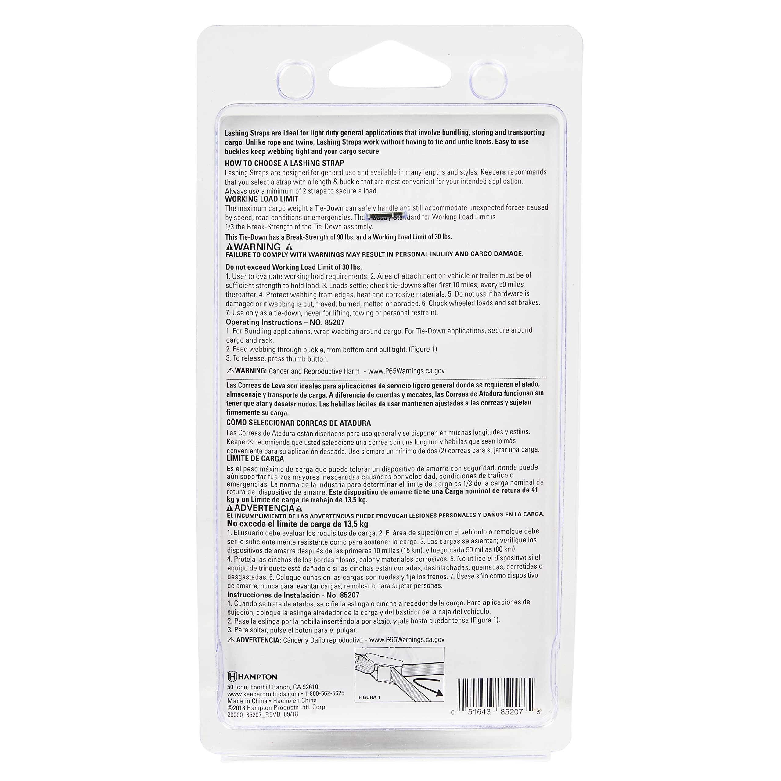 8' x 1" Lashing Strap, KEEPER 85207 2 Pack