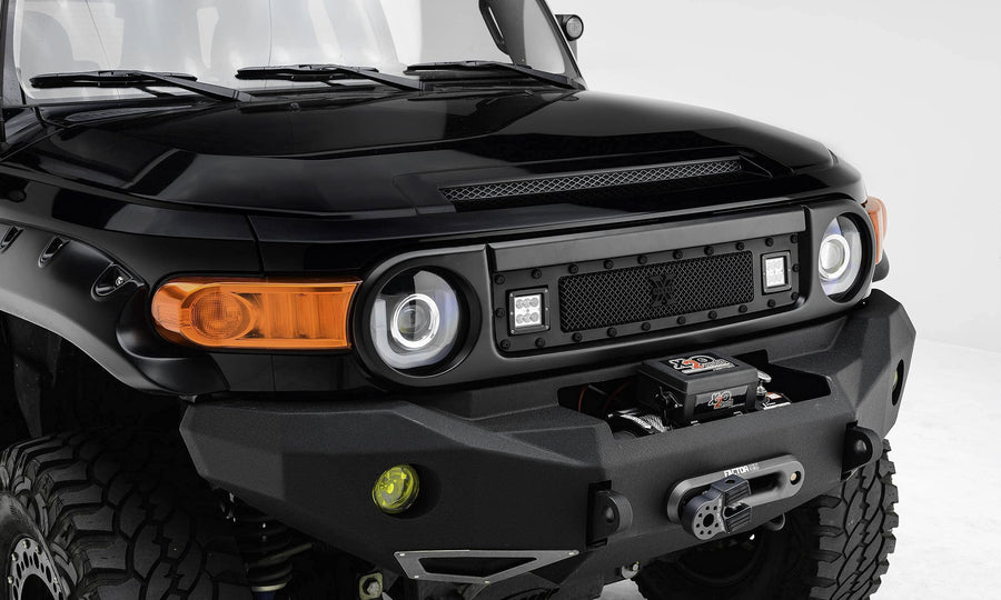 T-Rex Grilles Stealth Torch Grille, 2007-2014 Toyota FJ Cruiser, Black, 1 Pc, Insert, Black Studs with (2) 3" LED Cube Lights - PN #6319321-BR