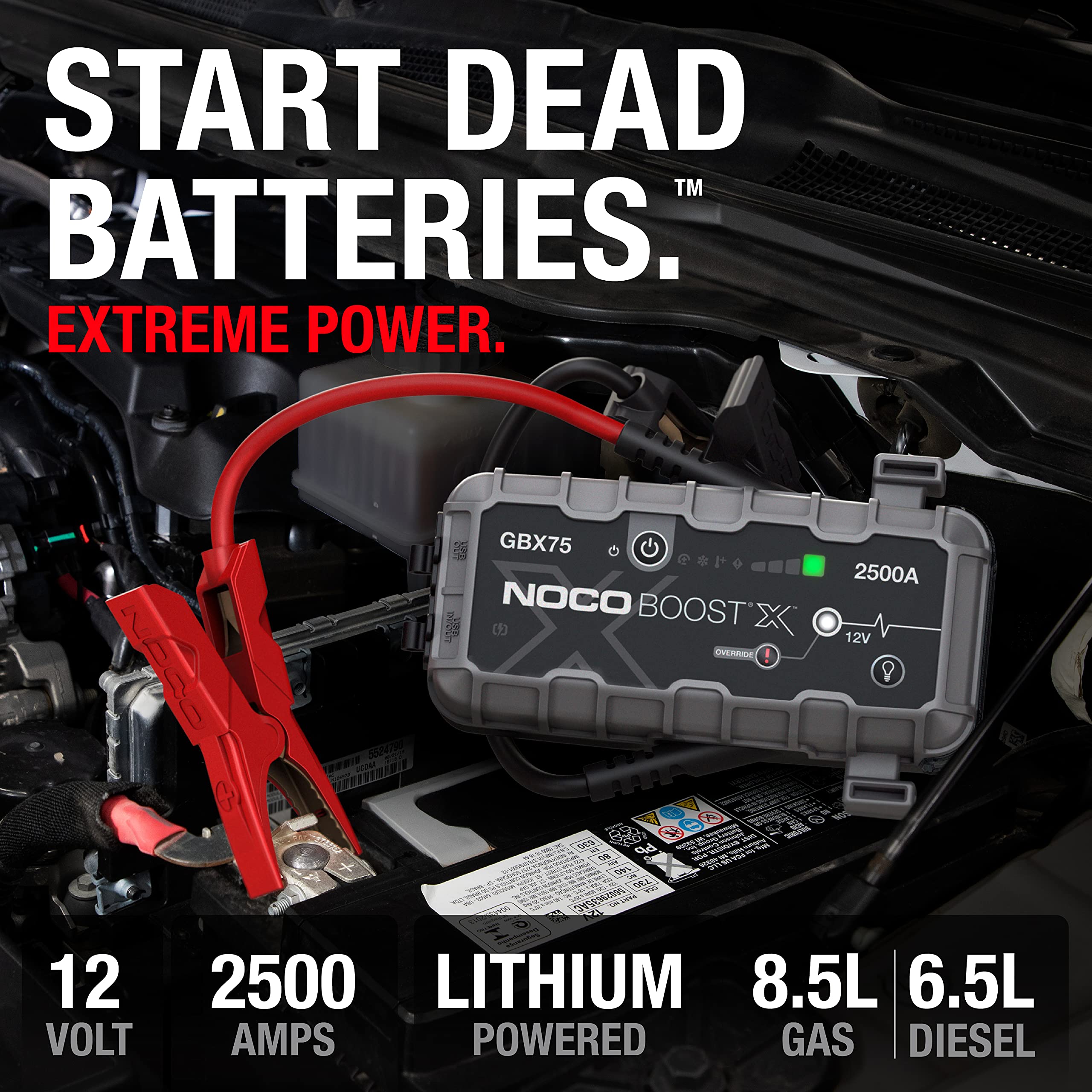 Boost X NOCO GBX75: 2500A UltraSafe Jump Starter – 12V Lithium Battery Booster Pack, Portable Jump Box, Power Bank & Jumper Cables - for 8.5L Gas and 6.5L Diesel Engines