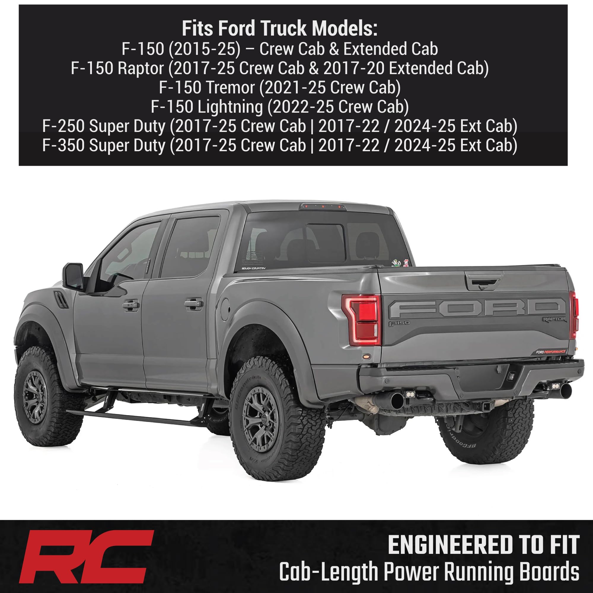 Rough Country Power Running Boards with LED Step Lights for Crew Cab Ford F-150 Lightning/F-250/F-350/Raptor (2015-2026) - Retractable Electric Side Steps, Non-Slip Aluminum Design