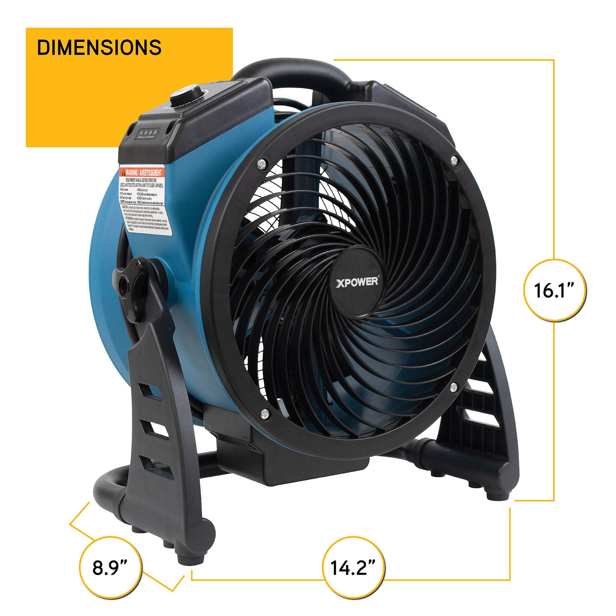 Portable XPOWER FC-150B High Velocity AC/DC Dual Power Operated Portable Rechargeable Battery 18,200mAh Utility Fan, Extended Air Flow, 1000 CFM